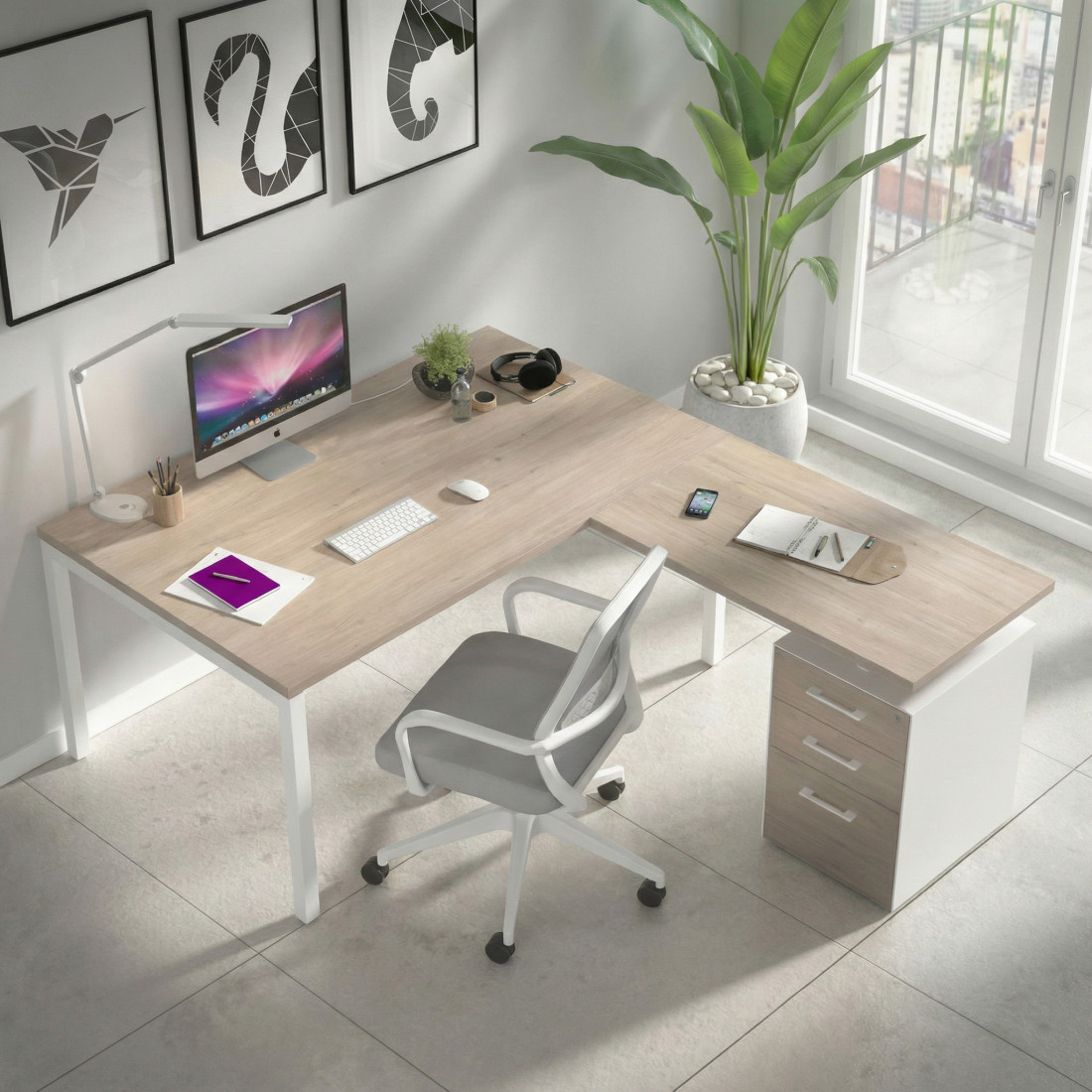 Mesa de dirección en L con cajones Kube, fondo 100, frontales melamina, estructura blanca