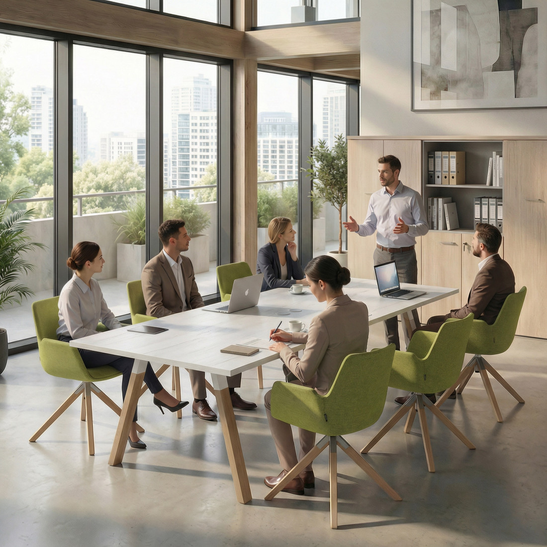 Mesa de reuniones rectangular UvePro fondo 100cm, estructura blanca, patas de madera