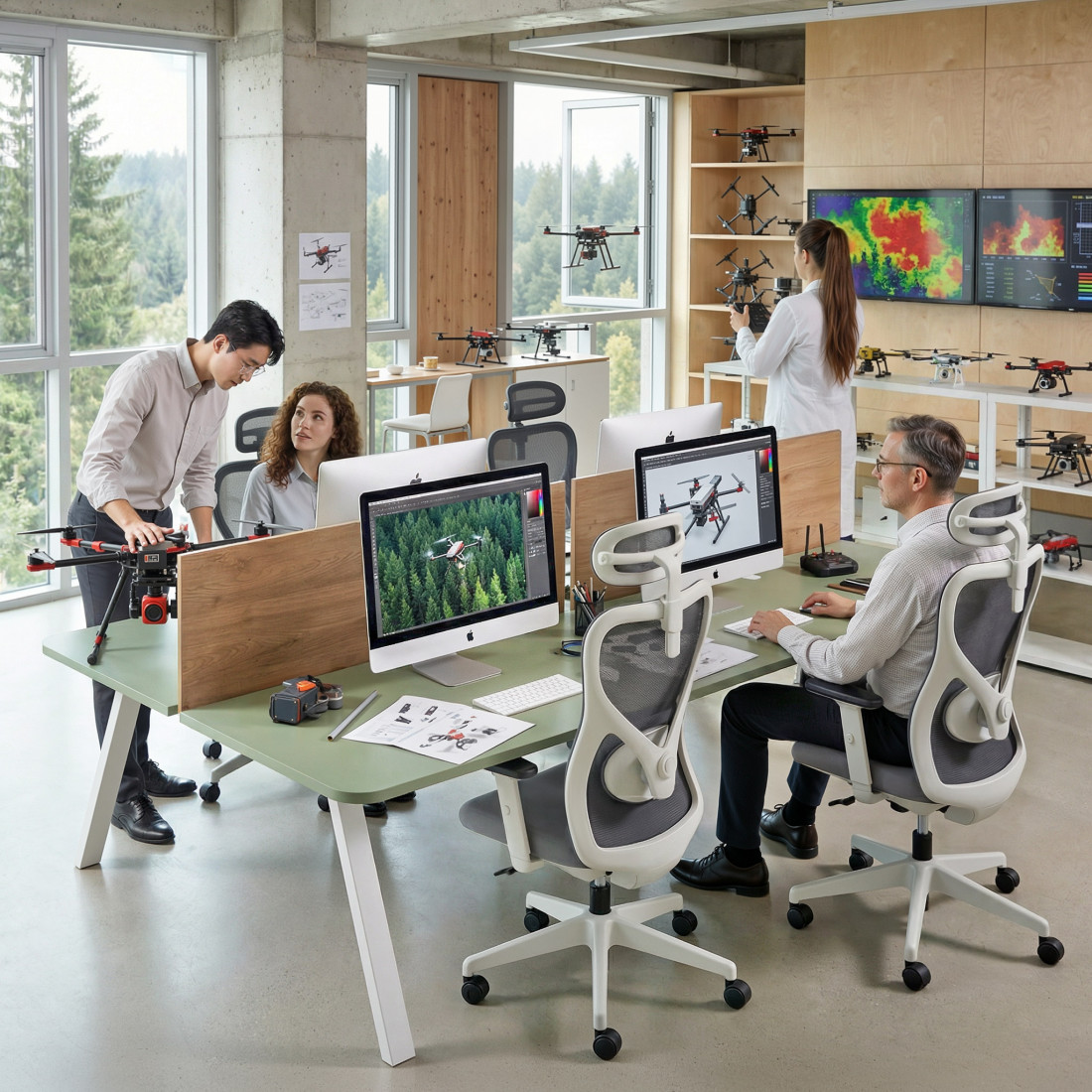Mesa multipuesto UvePro Bench doble, fondo 166 cm, sobre curvo, estructura blanca