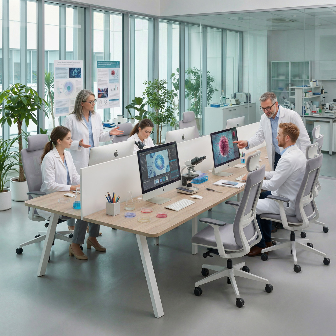 Mesa multipuesto UvePro Bench triple, fondo 166 cm, sobre curvo, estructura blanca