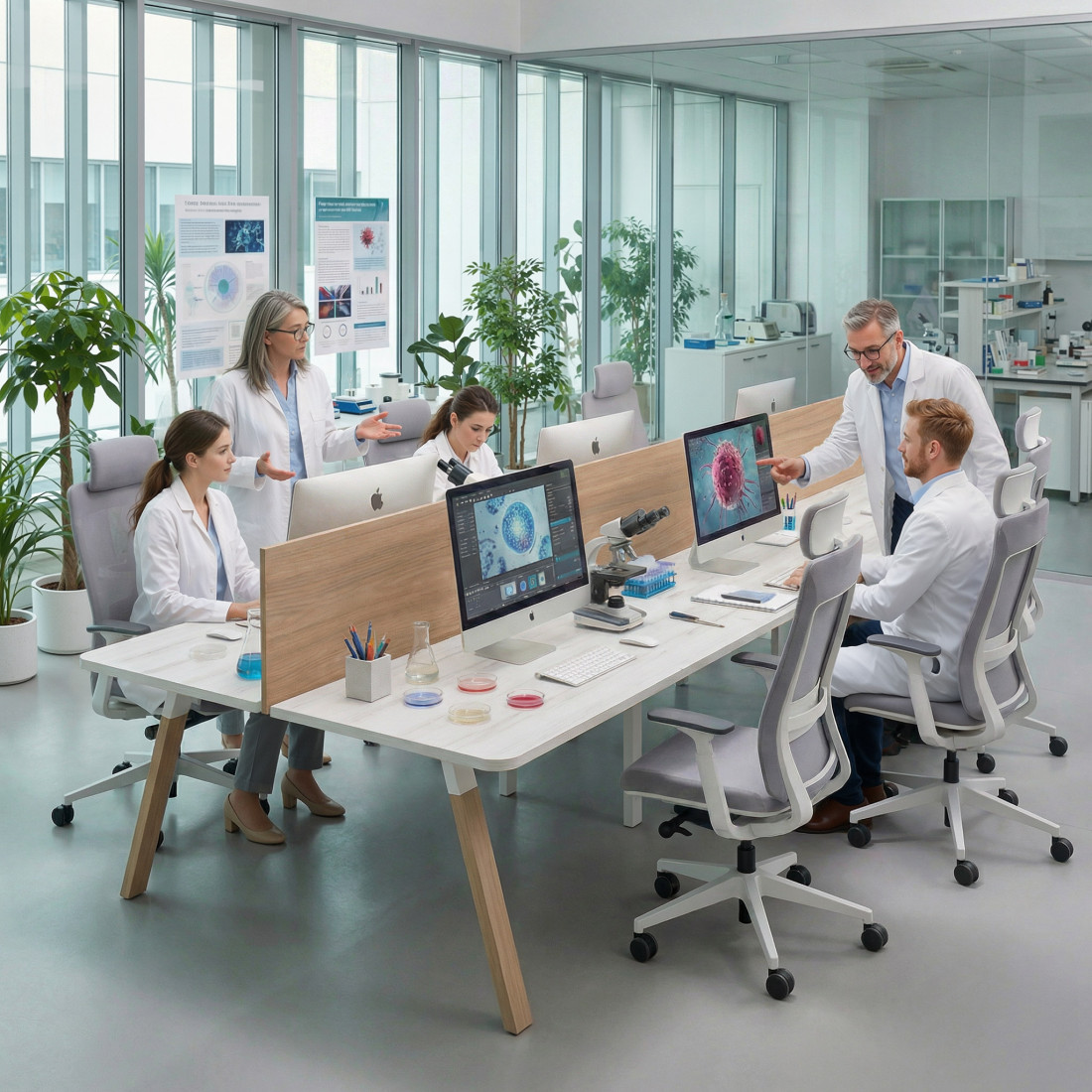 Mesa multipuesto UvePro Bench triple, fondo 166 cm, sobre curvo, estructura blanca/madera