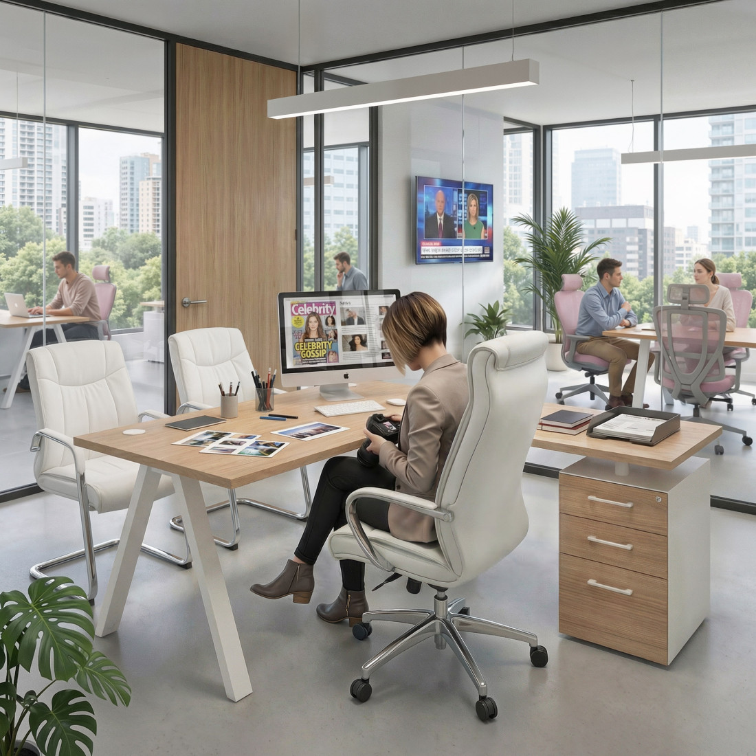 Mesa de escritorio en L con cajones UvePro, estructura blanca, ala pedestal melamina