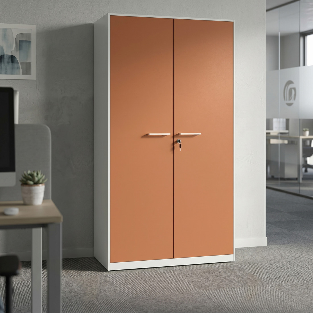 Armario metálico de oficina con puertas de melamina Strong 185x92cm, estructura blanca