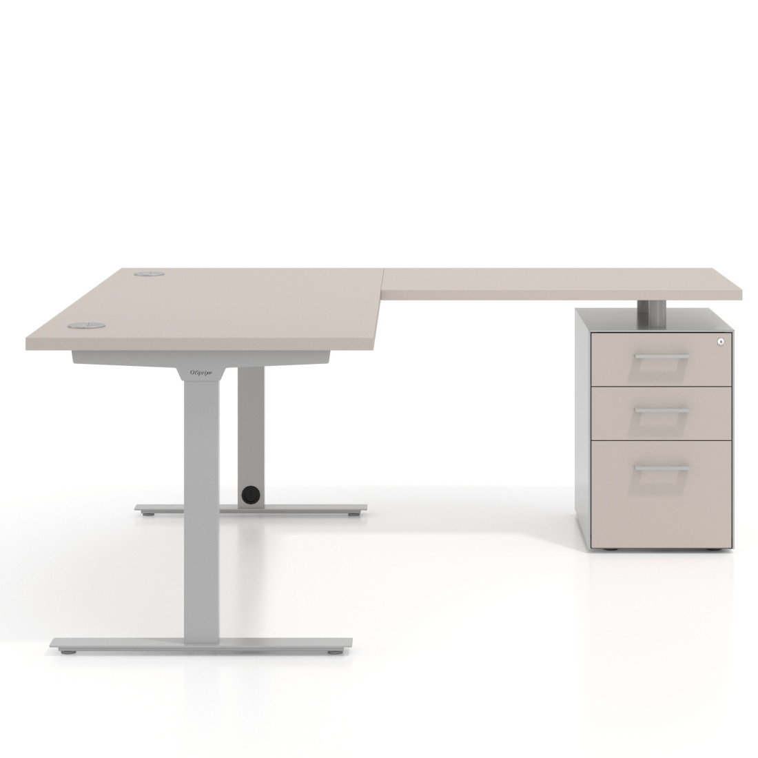 Mesa de Escritorio en L Task, fondo 80cm, estructura aluminio con ala pedestal, frontales de melamina