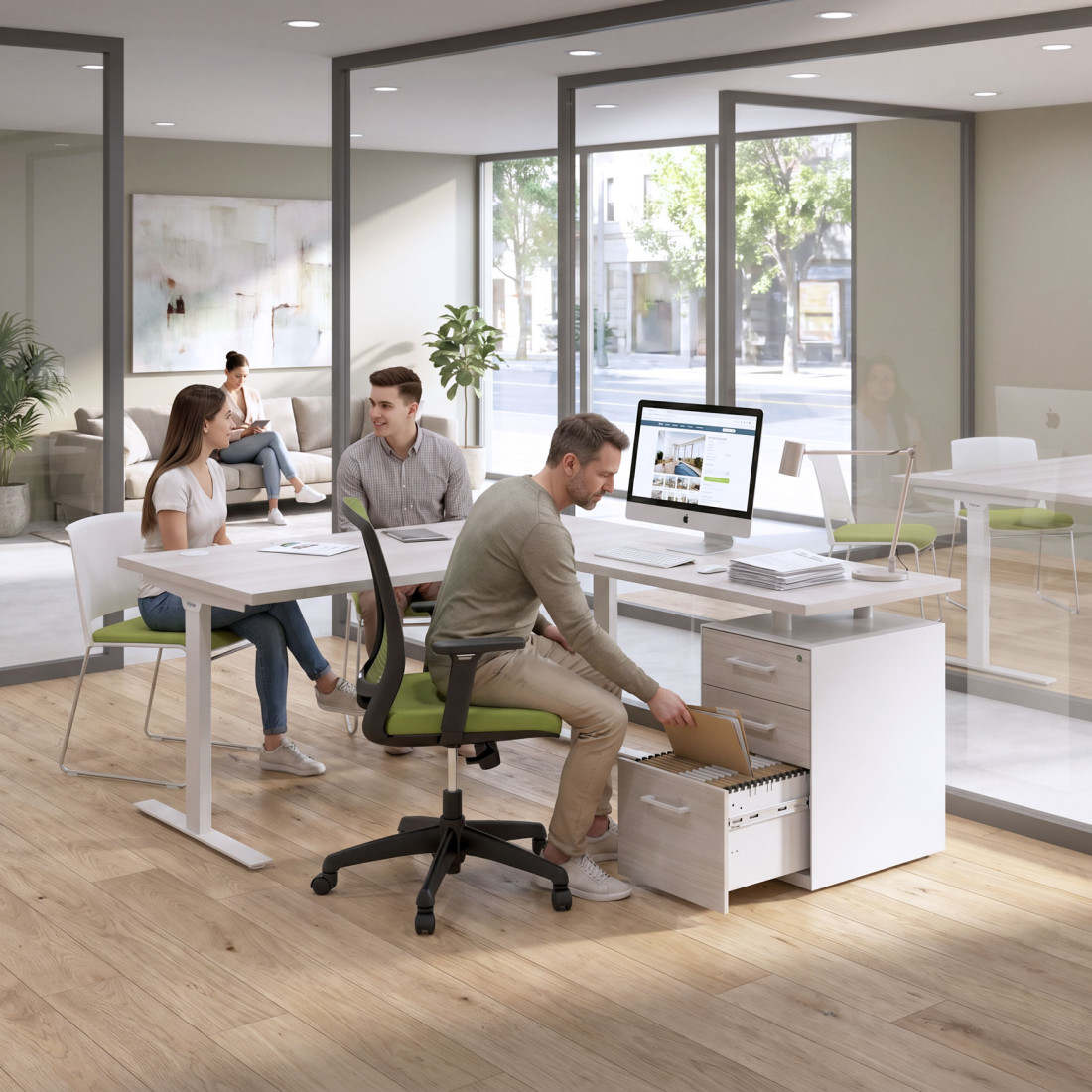 Mesa de Escritorio en L Task, fondo 80cm, estructura blanca con ala pedestal, frontales de melamina
