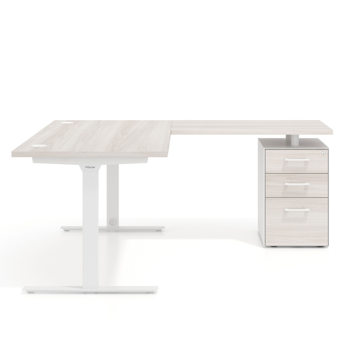 Mesa de Escritorio en L Task, fondo 80cm, estructura blanca con ala pedestal, frontales de melamina