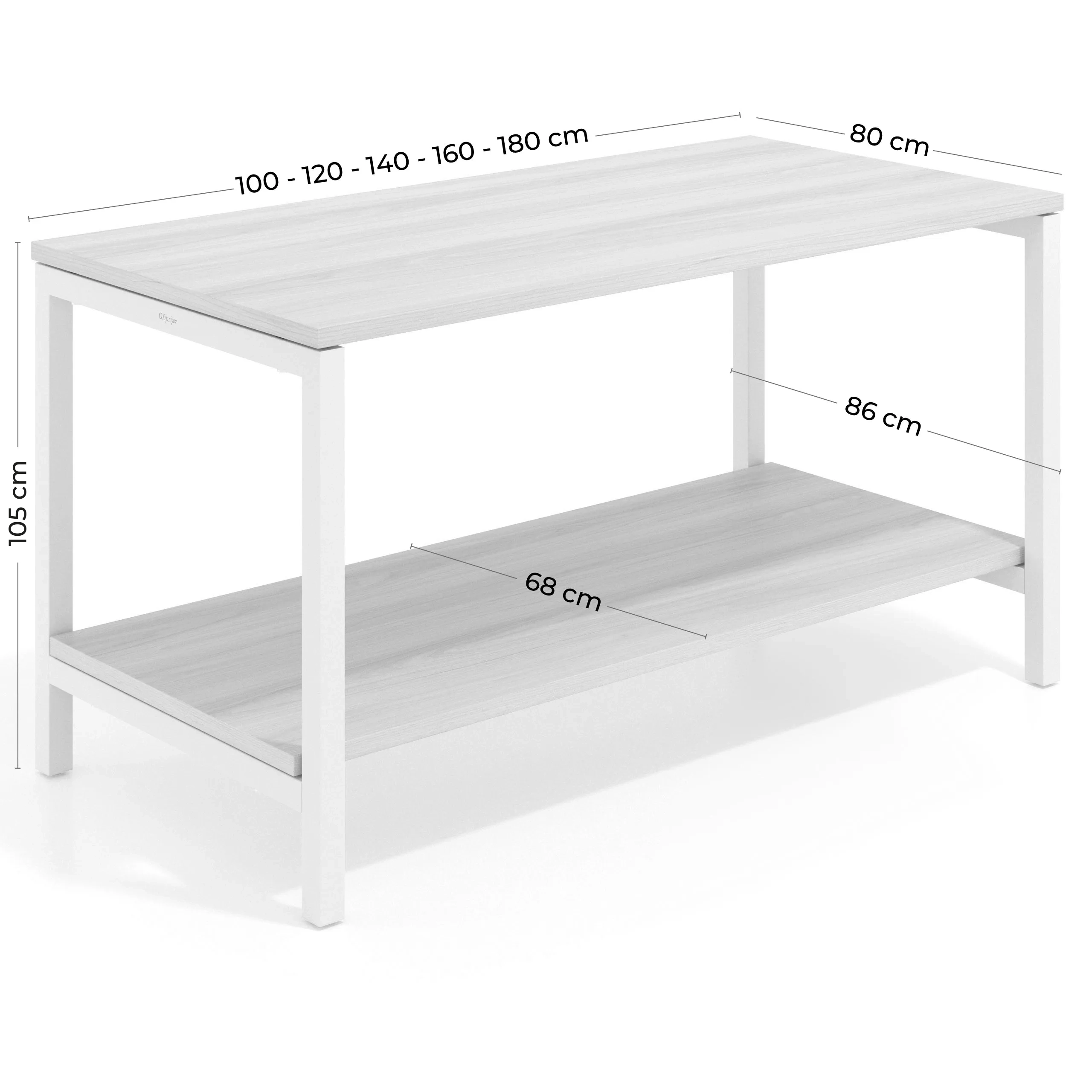 Mesa de trabajo expositor Kube con 2 niveles, estructura blanca