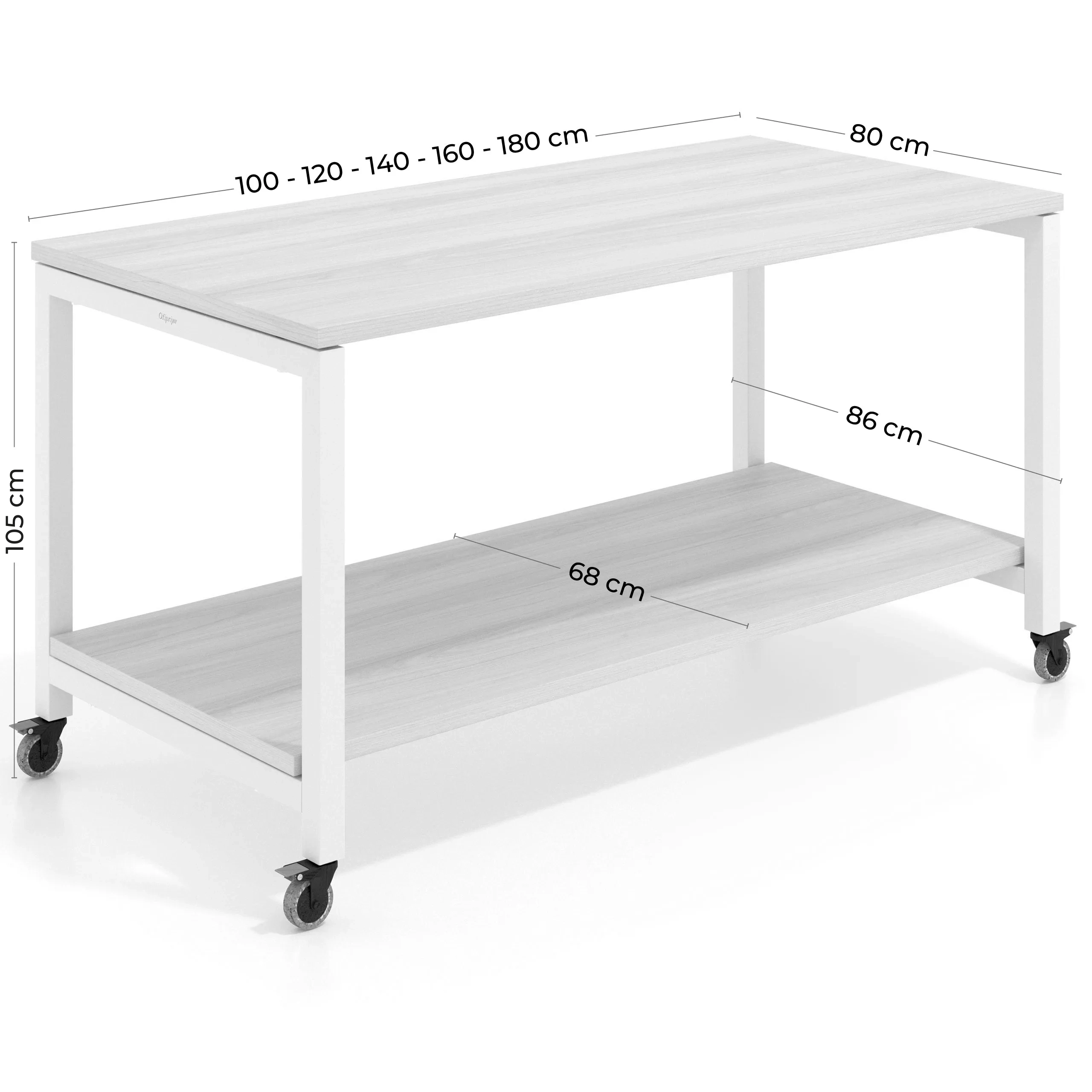 Mesa de trabajo expositor con ruedas Kube, con 2 niveles, estructura blanca