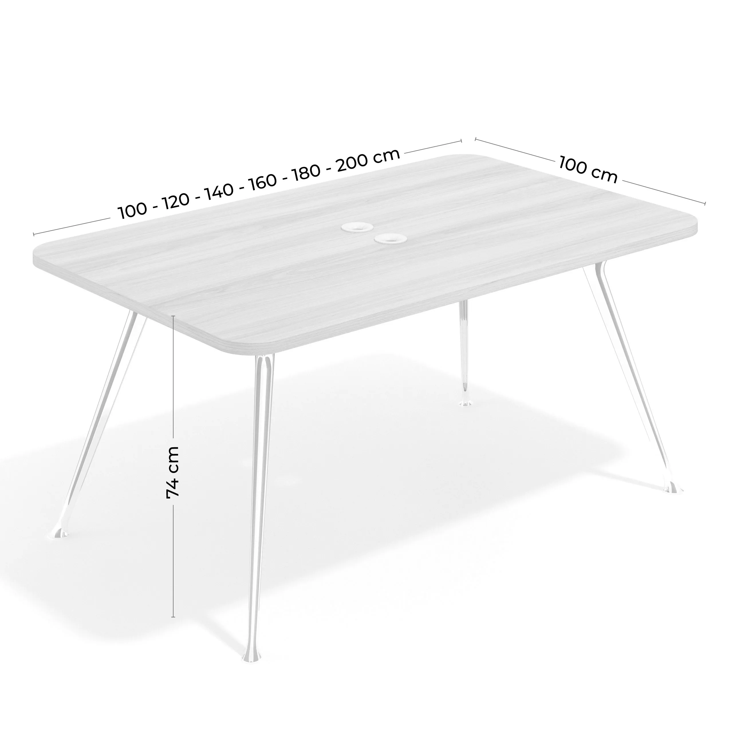 Mesa de reuniones Tekno gran formato, fondo 120, patas aluminio inyectado, estructura cromada