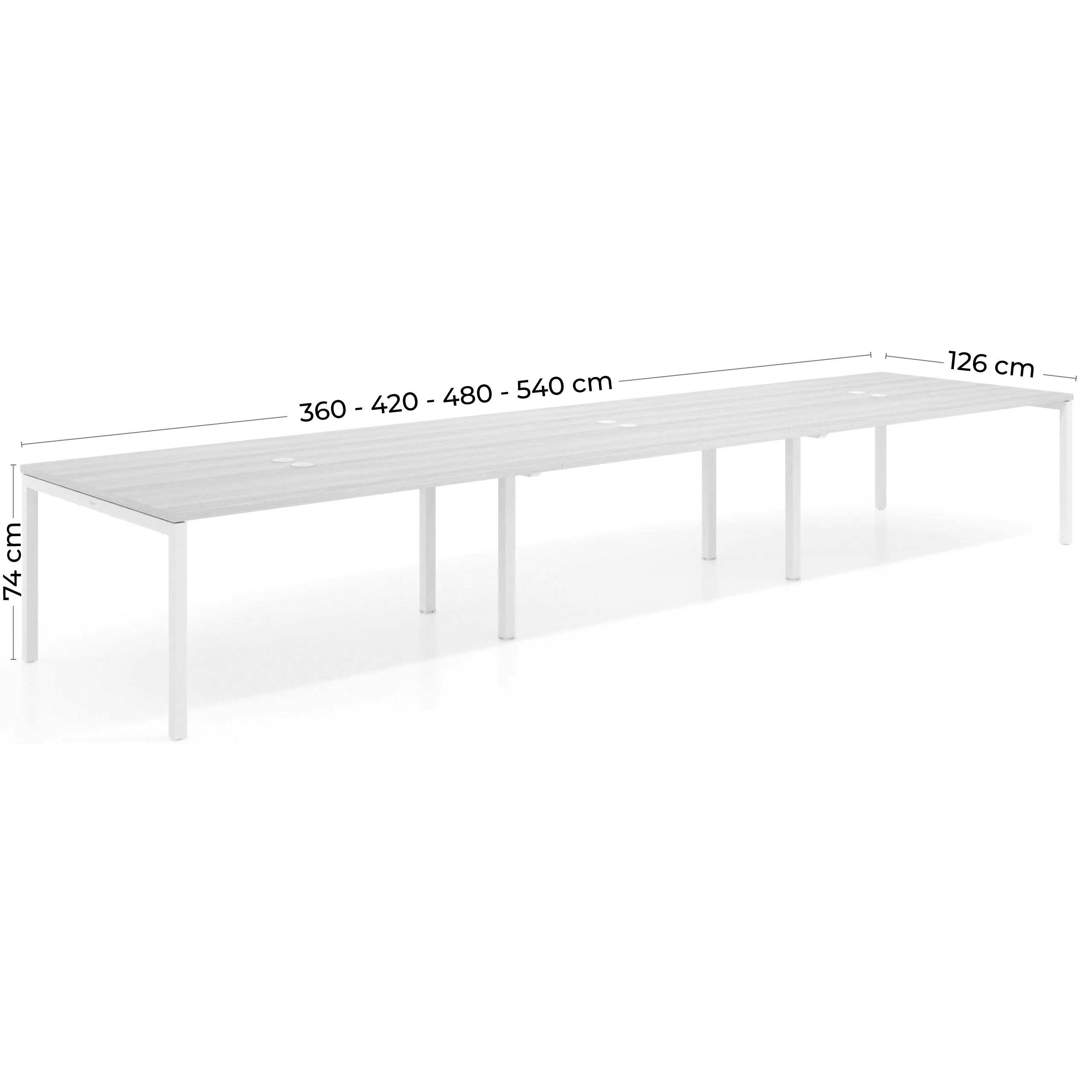 Mesa para coworking encimera continua triple Kube, fondo 126 cm, estructura blanca
