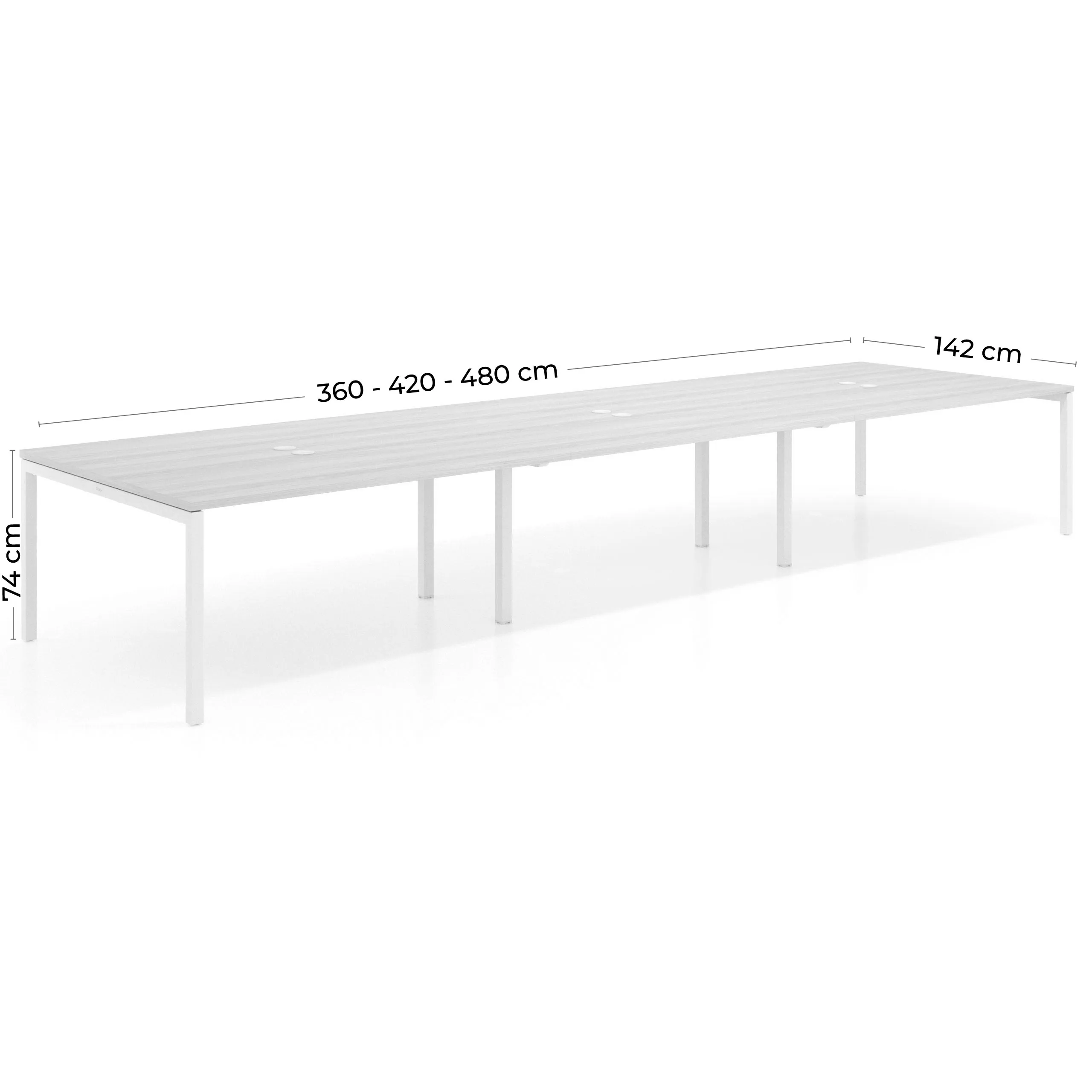 Mesa de reuniones triple Kube, encimera continua, fondo 142 cm, estructura aluminio