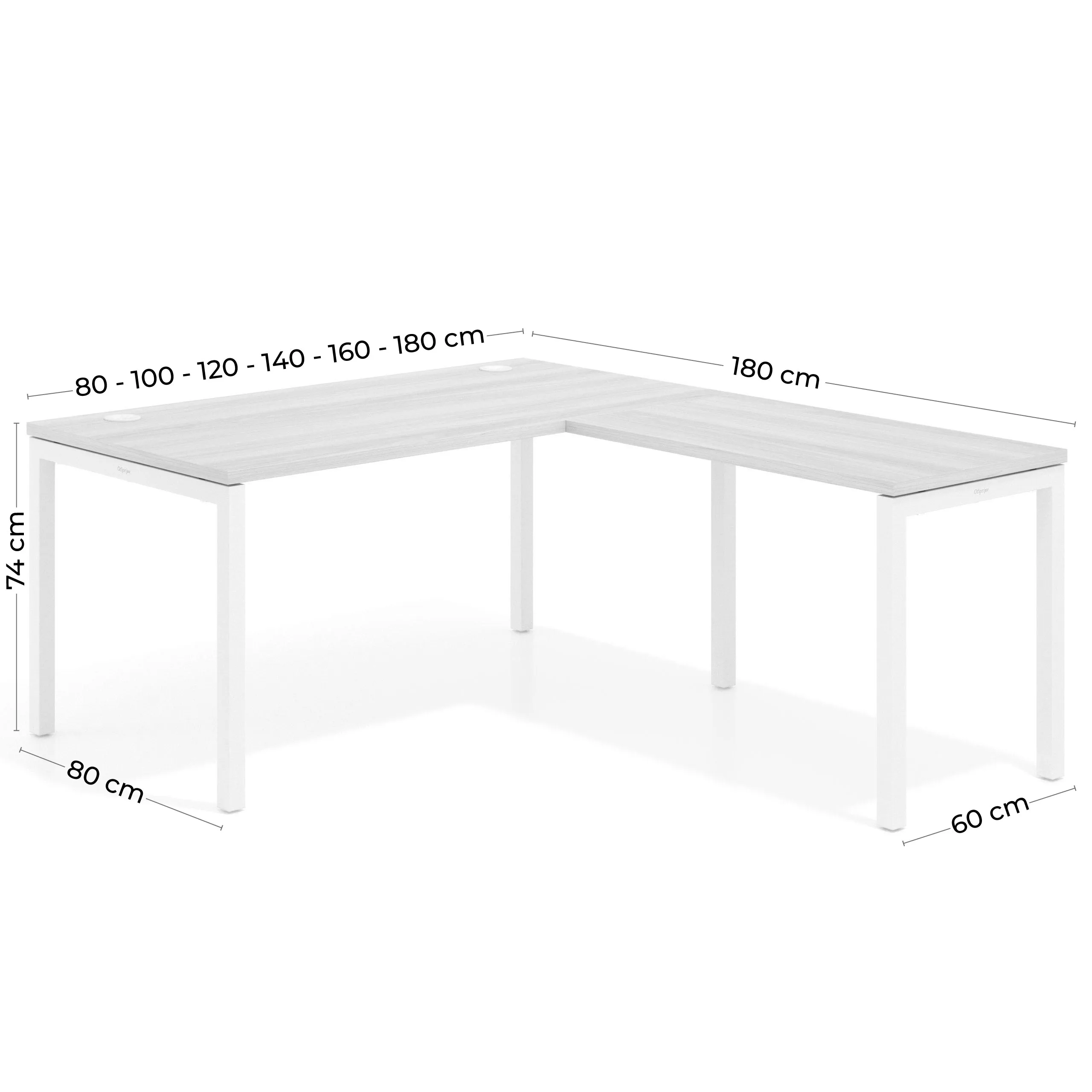 Mesa de oficina en L Kube fondo 80cm con ala, estructura aluminio