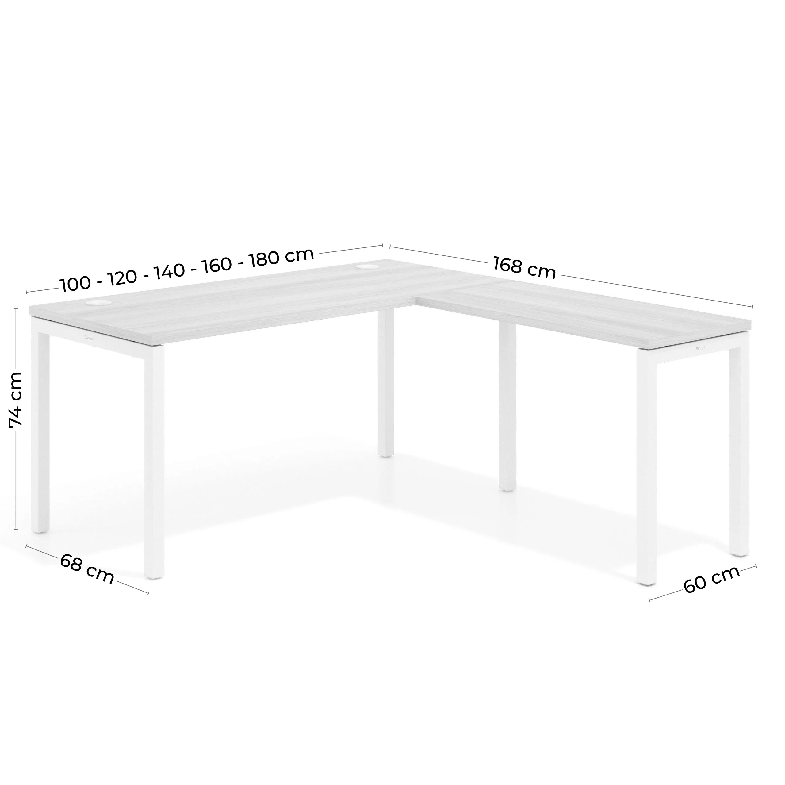 Mesa de oficina en L Kube fondo 68cm con ala estrecha, estructura aluminio