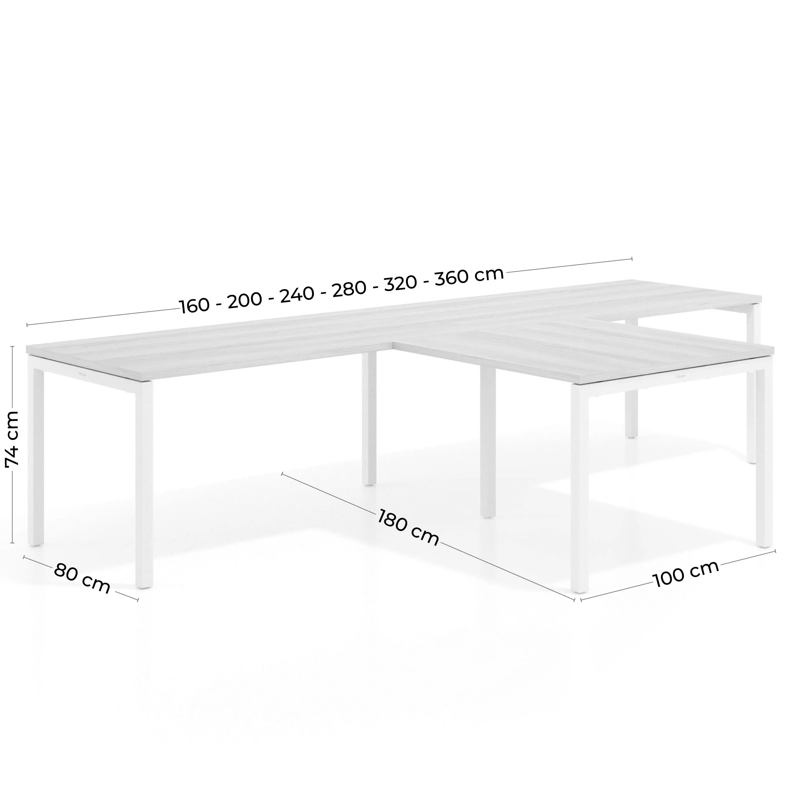 Mesa de oficina progresiva doble con ala extensión Kube, estructura blanca