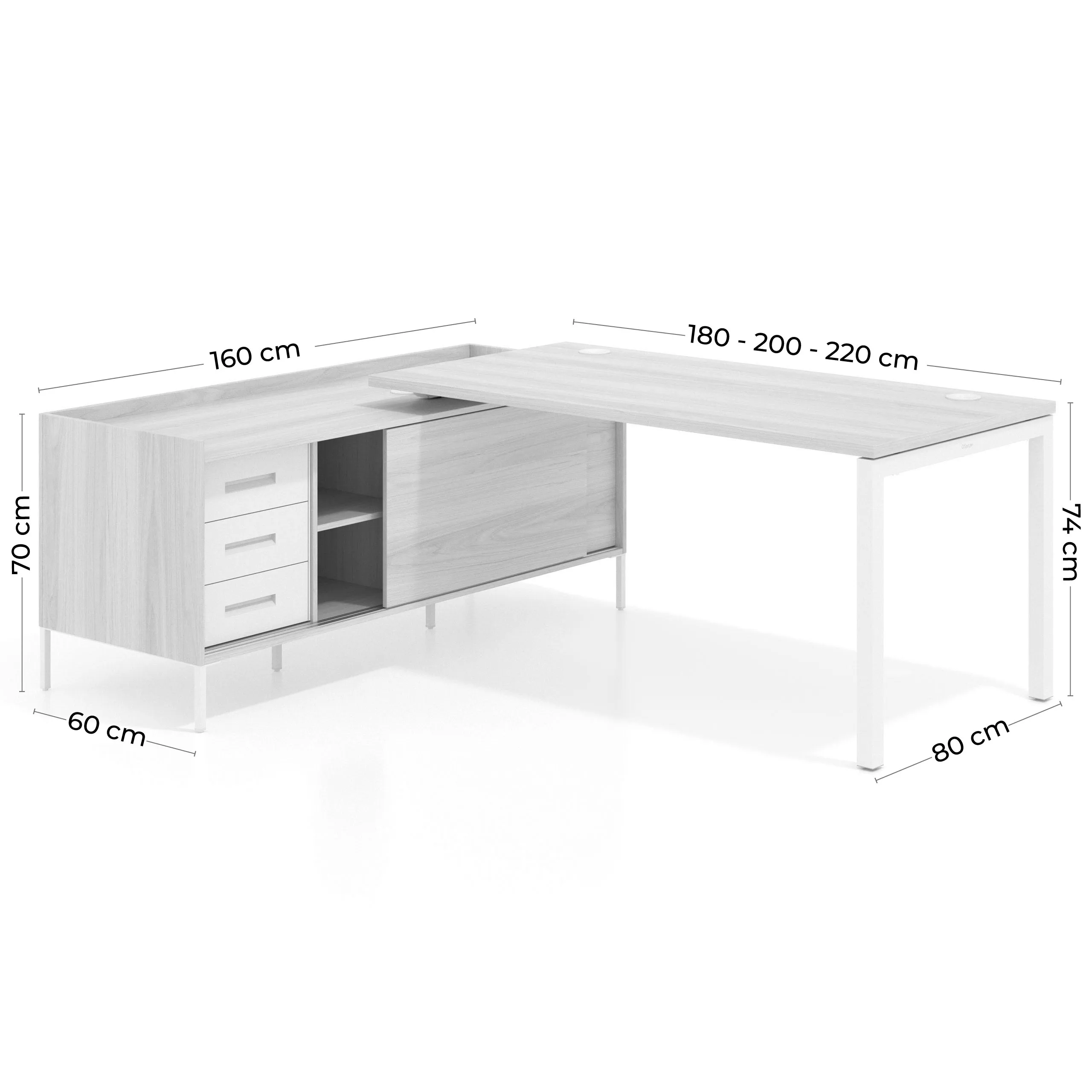 Mesa de oficina con pedestal cajonera Kube fondo 80cm estructura blanca