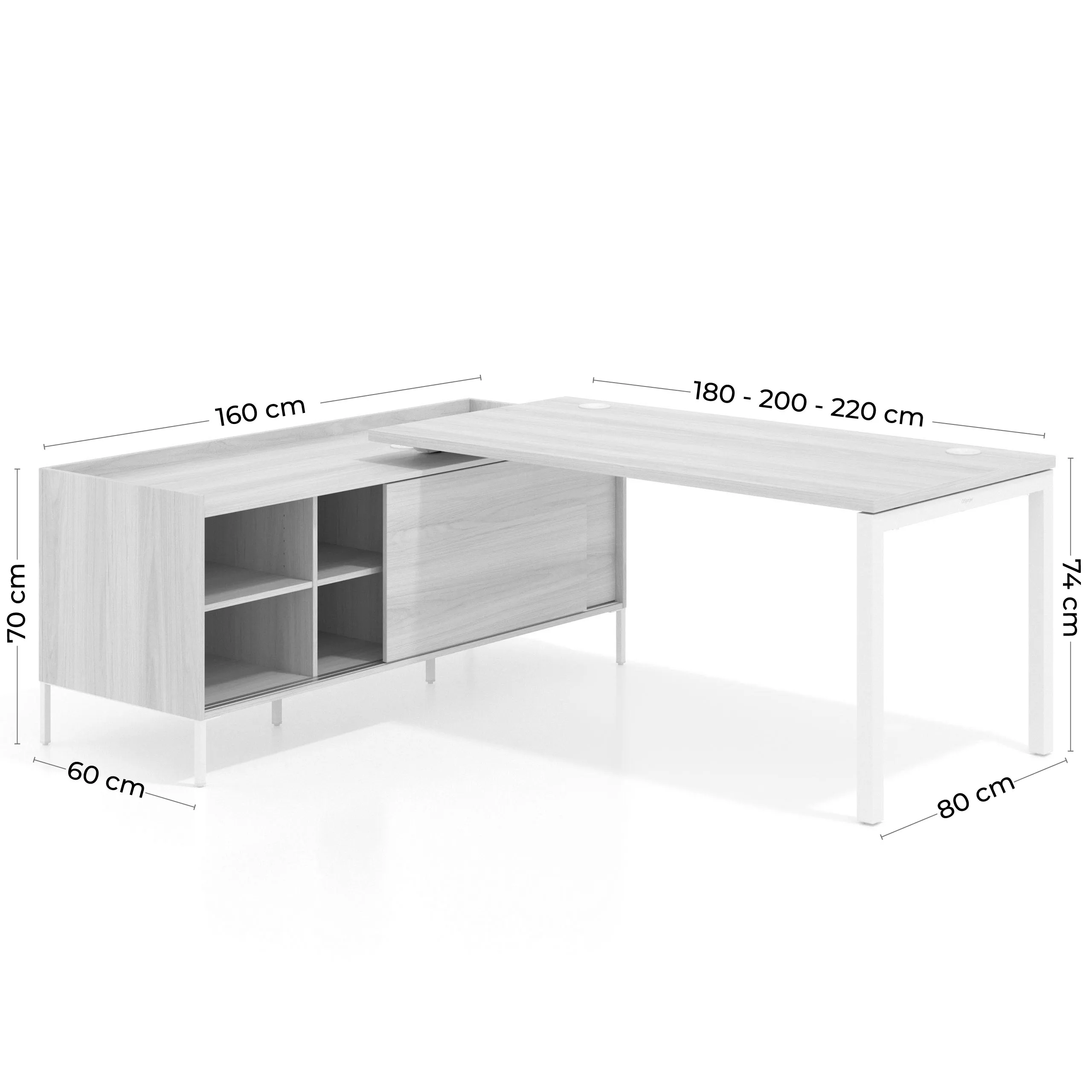 Mesa de oficina con pedestal estantes Kube fondo 80cm estructura blanca