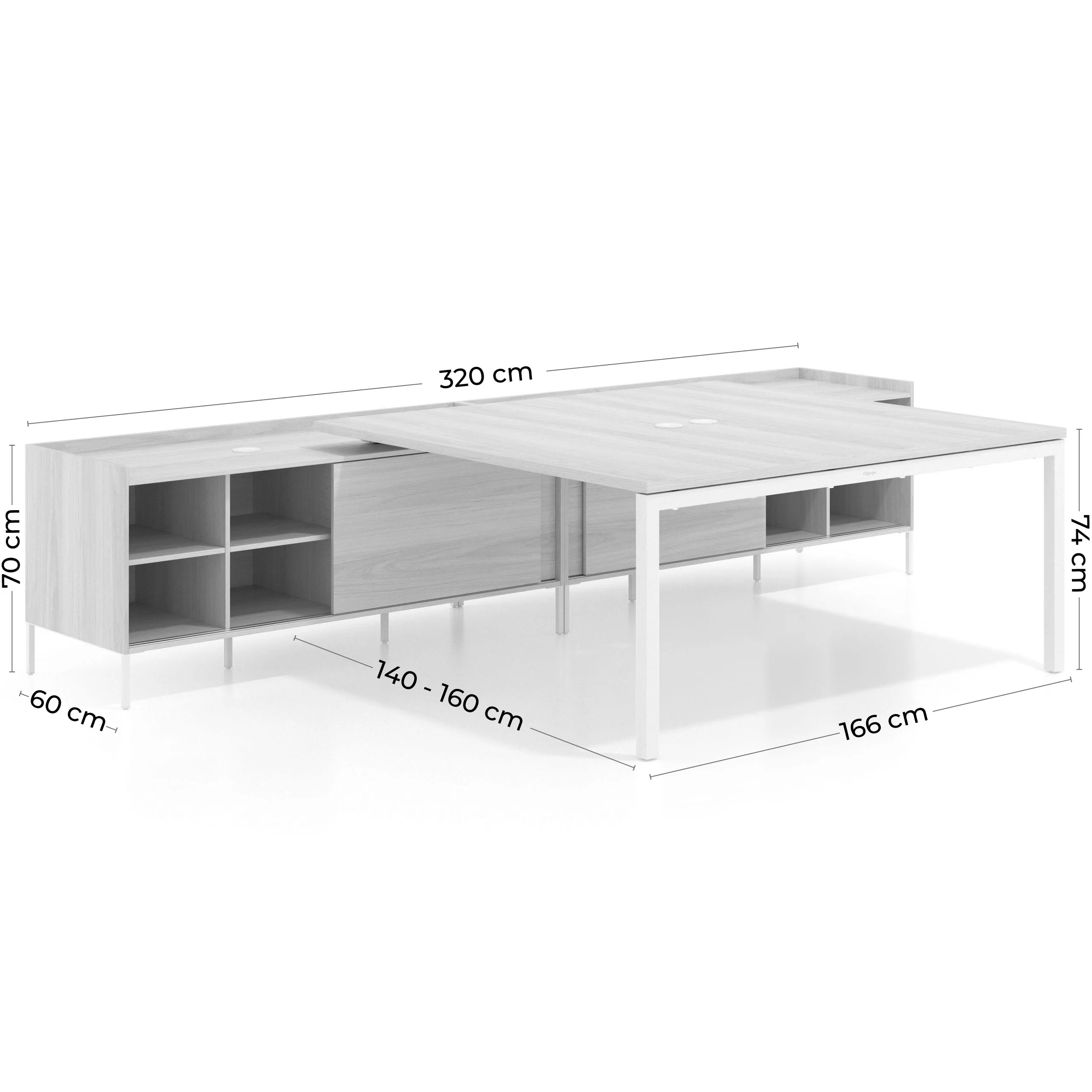 Mesa de oficina doble con pedestal estantes Kube, encimera única, estructura blanca