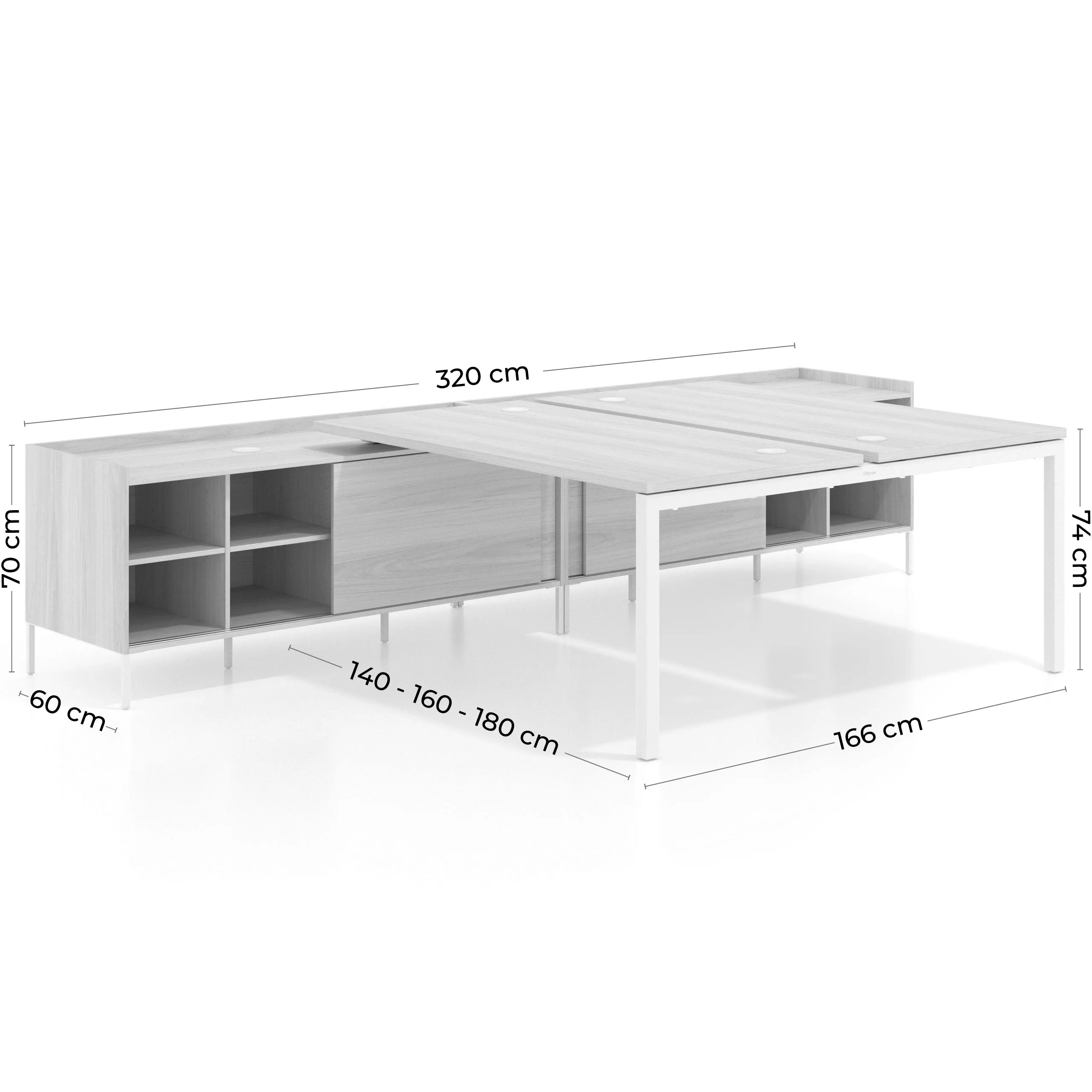 Mesa multipuesto con pedestal cajonera Kube, encimera única, estructura blanca