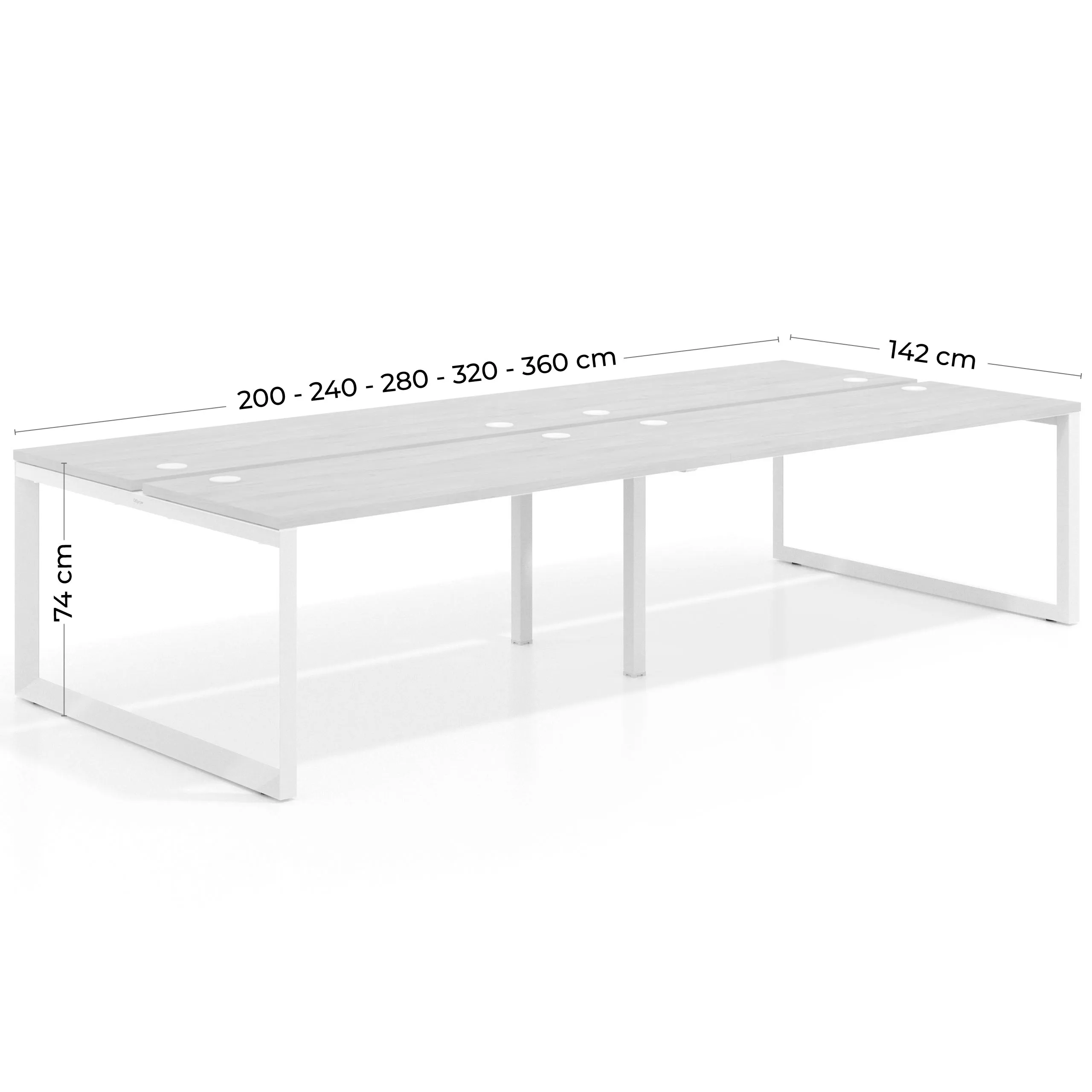 Mesa oficina multipuesto bench Delta doble, fondo 142cm, estructura blanca