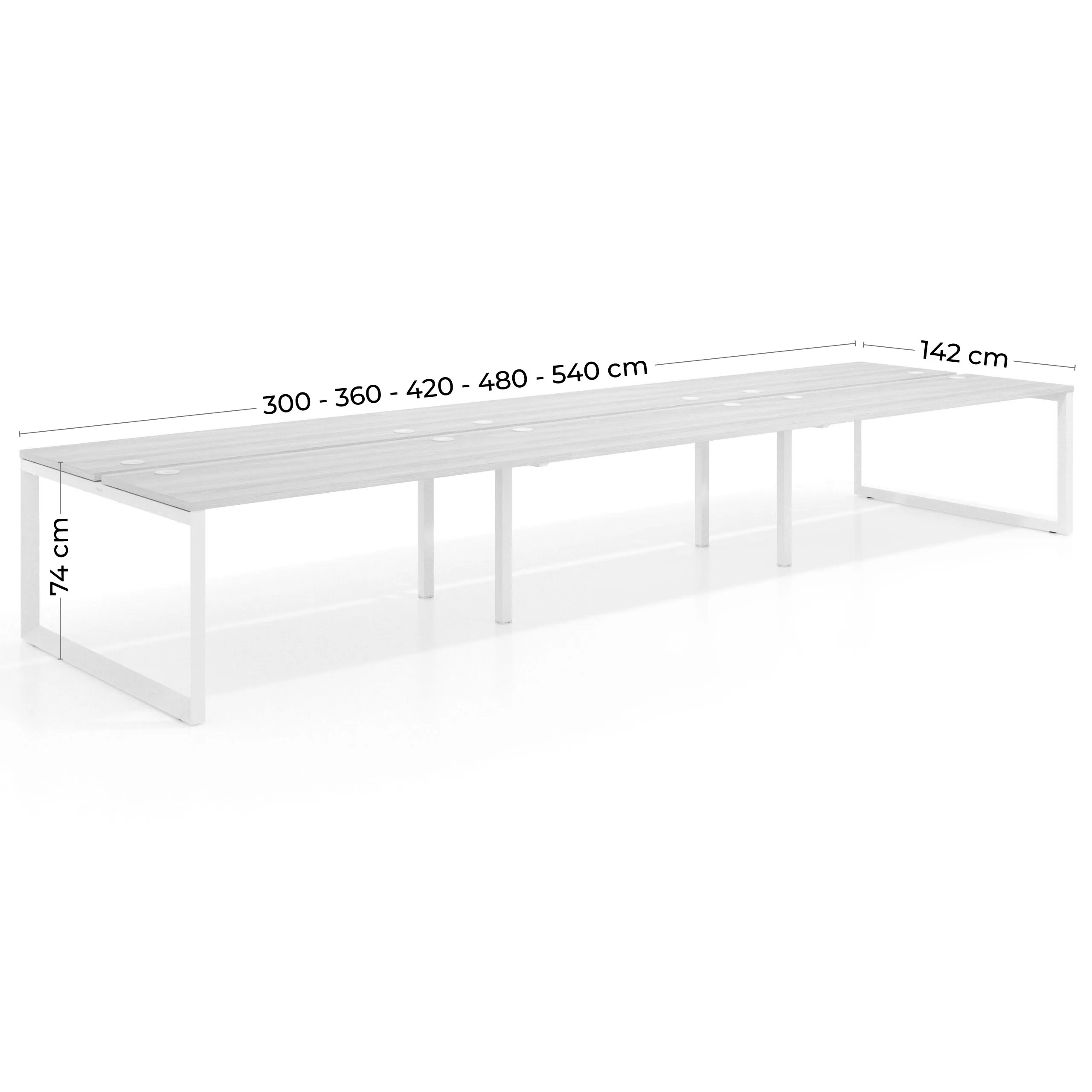 Mesa oficina multipuesto bench Delta triple, fondo 142cm, estructura blanca