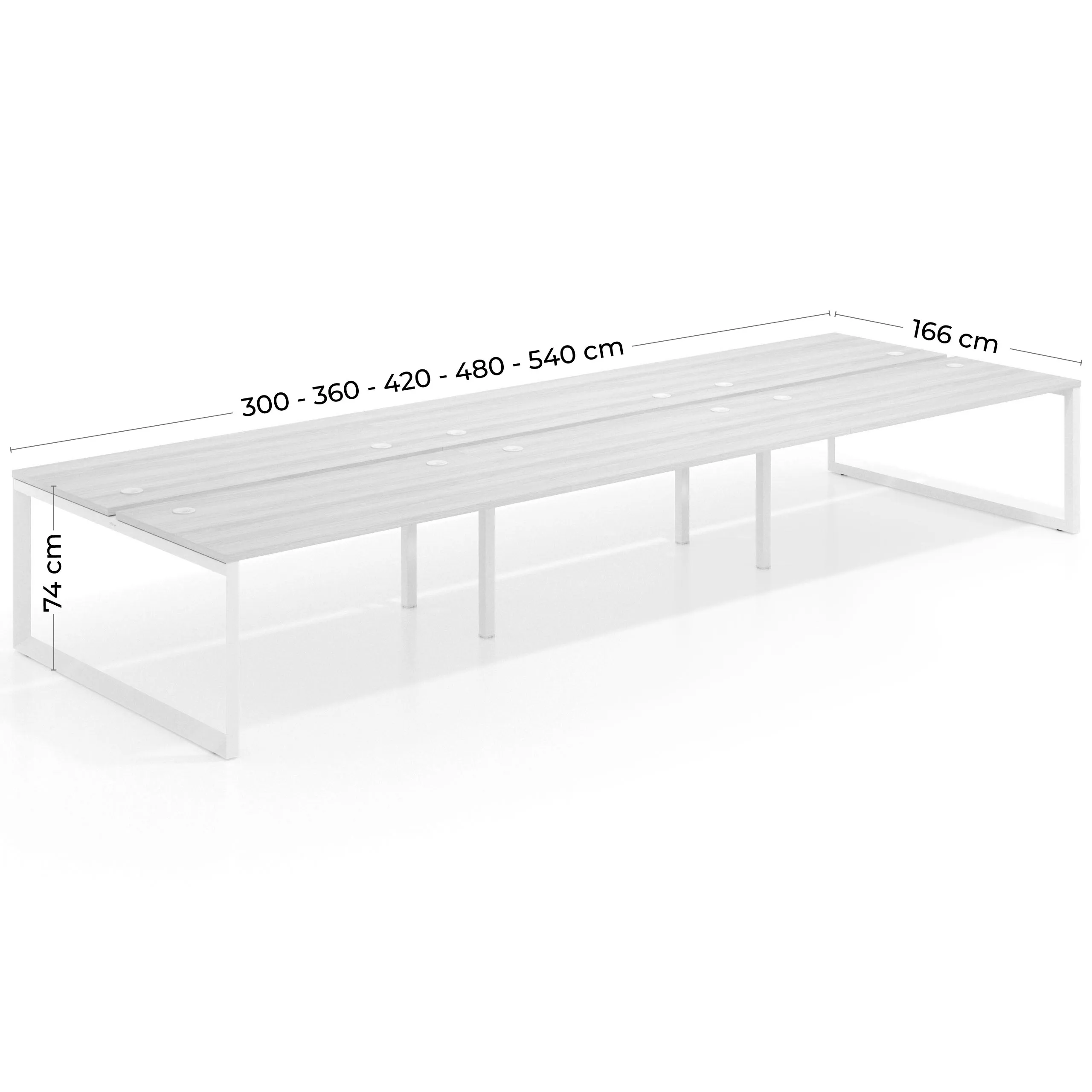 Mesa oficina multipuesto bench Delta triple, fondo 166cm estructura blanca