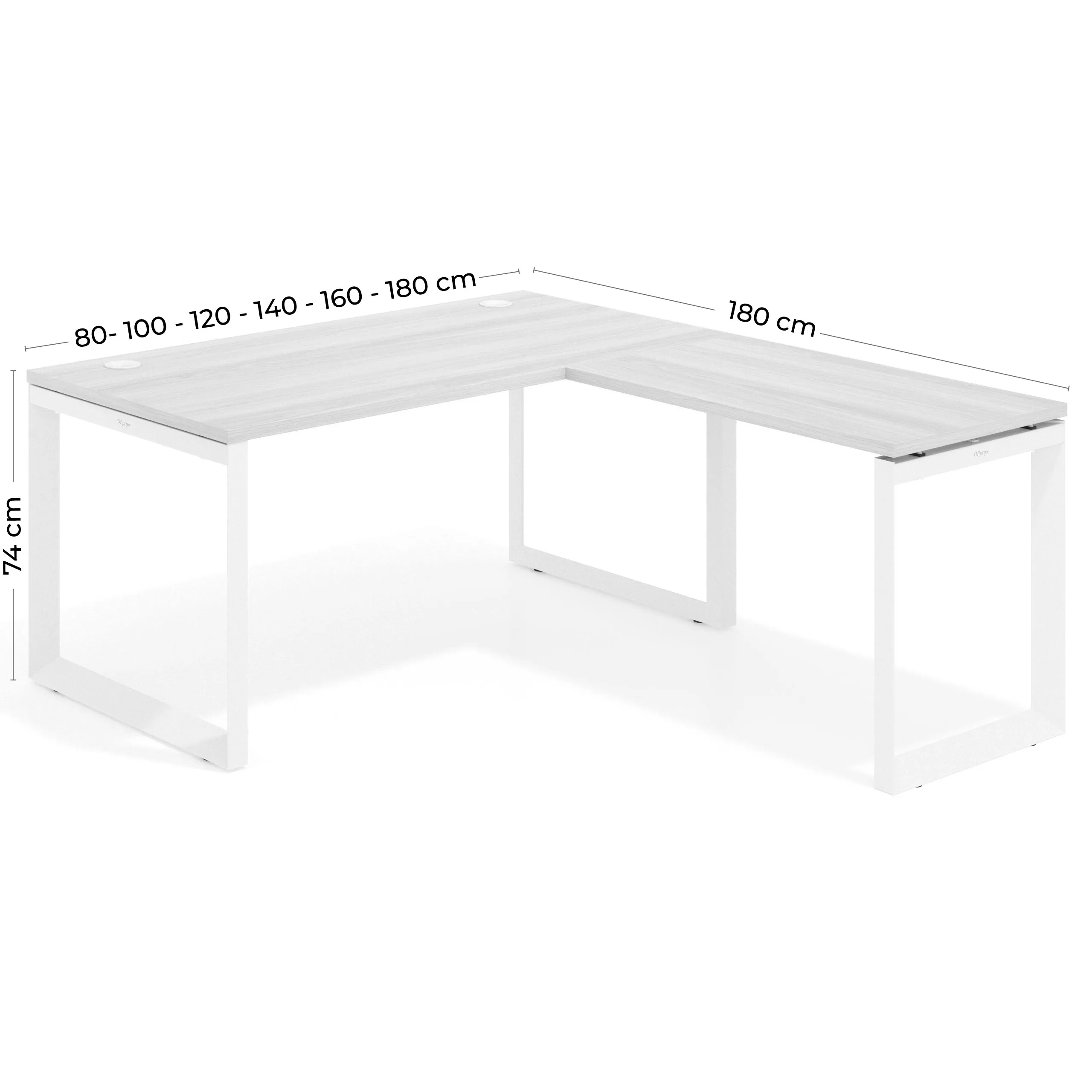 Mesa de escritorio en L Delta, fondo 80cm, estructura blanca