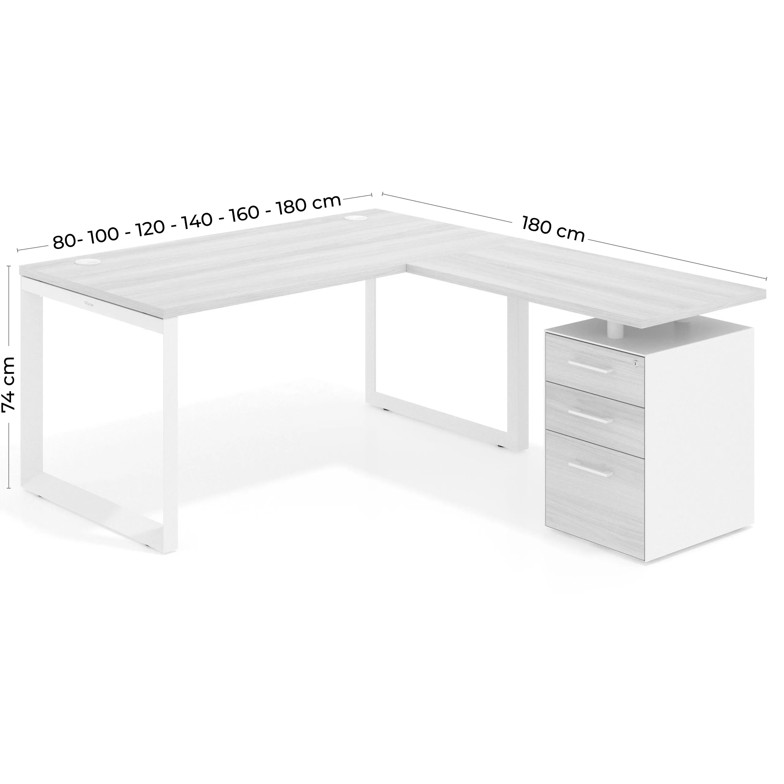 Mesa de escritorio en L con cajones Delta, estructura blanca, ala pedestal melamina