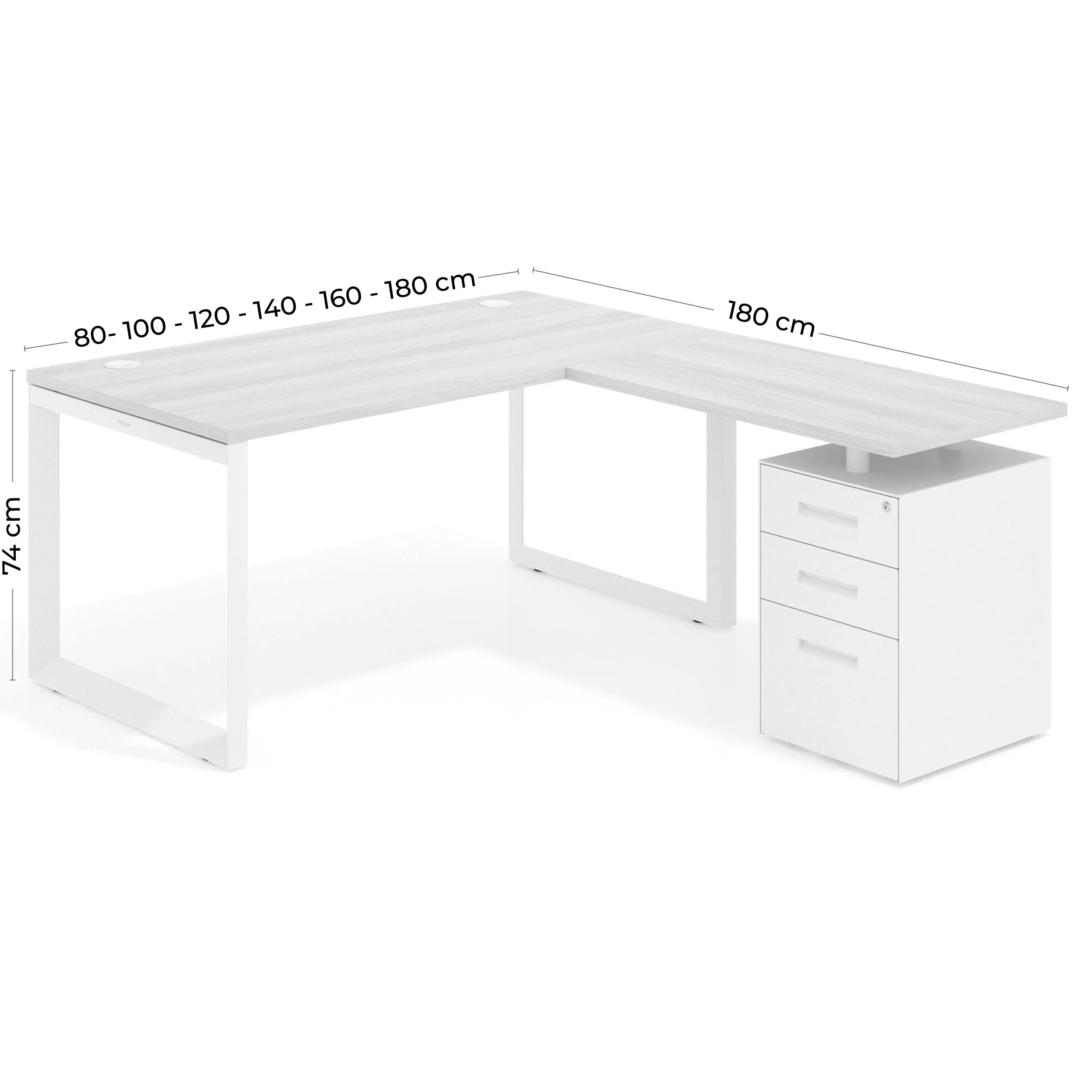 Mesa de escritorio en L con cajones Delta, estructura blanca, ala pedestal metal