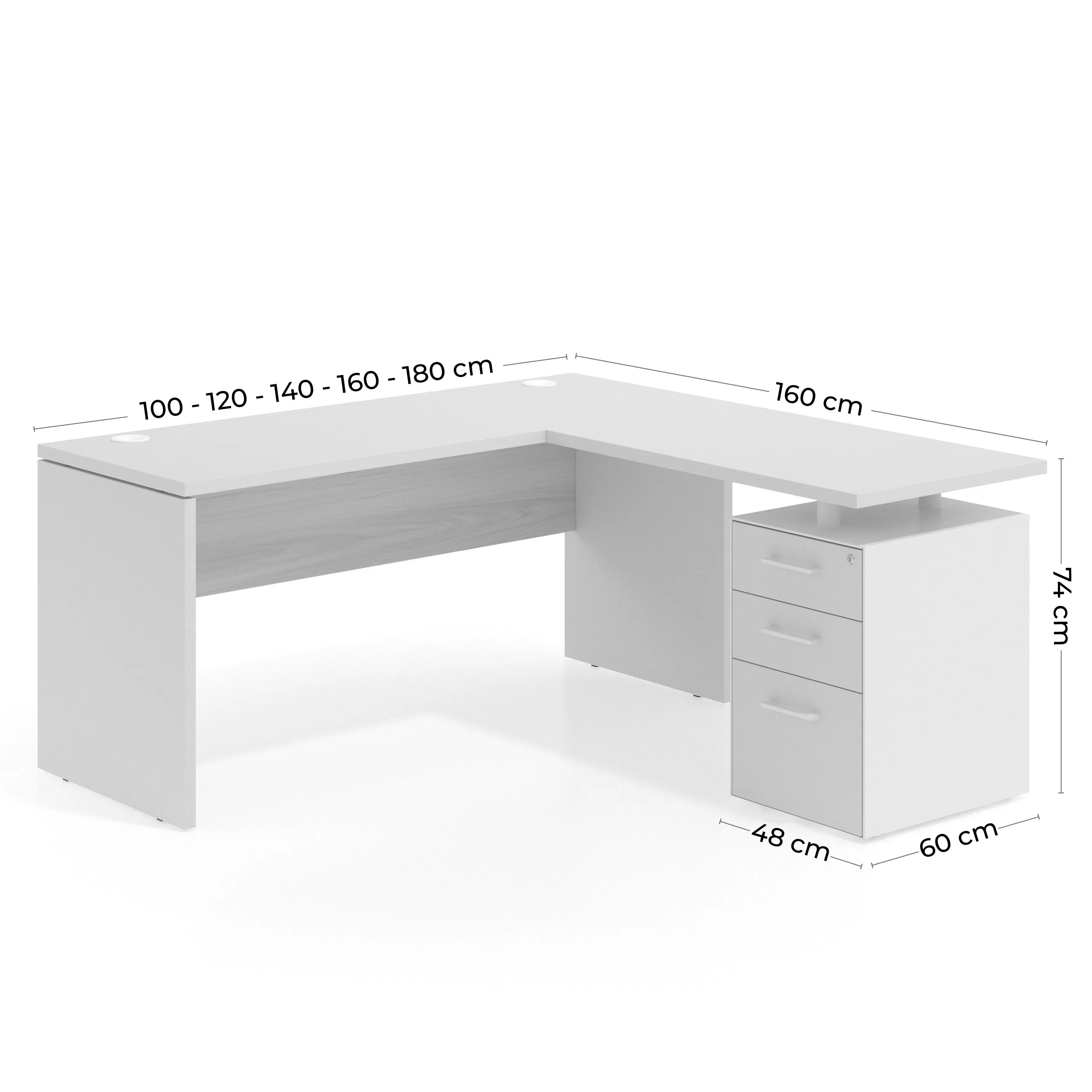 Mesa de Escritorio con cajones en L Work Plus fondo 60, frontales melamina diseño rayado