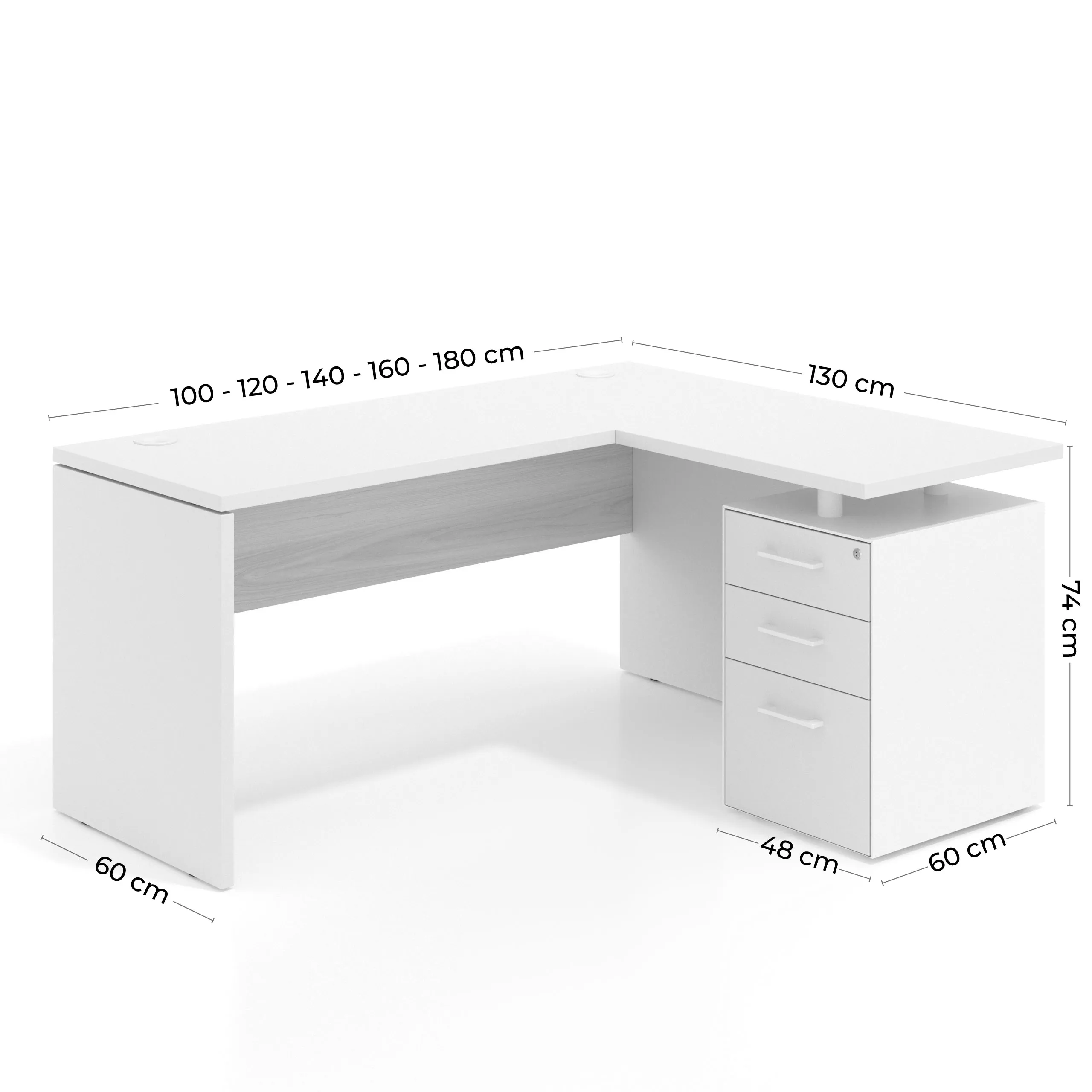Mesa de Escritorio con cajones en L Work Plus, ala corta, fondo 60, frontales melamina diseño rayado