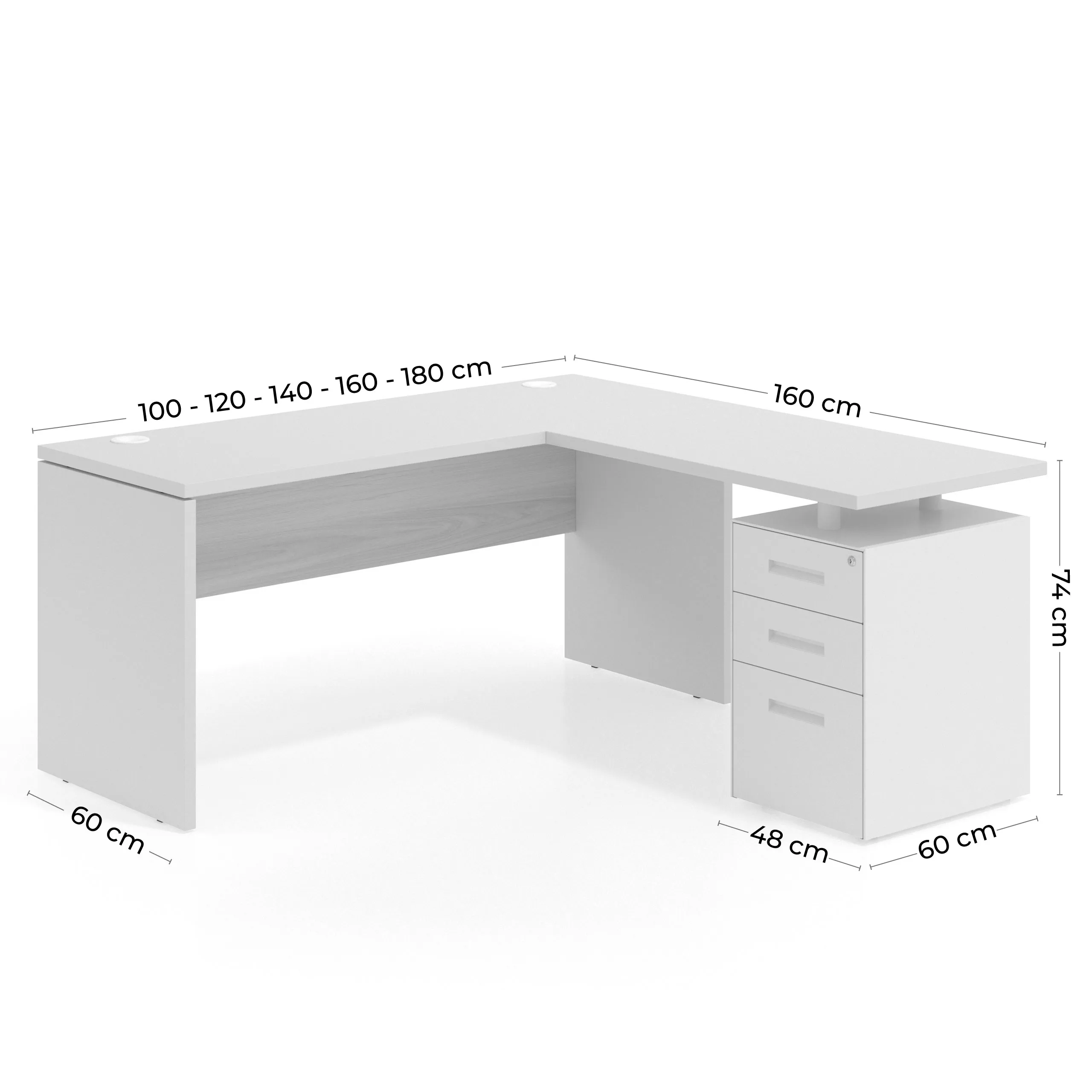 Mesa de Escritorio con cajones en L Work Plus fondo 60, frontales de metal diseño rayado