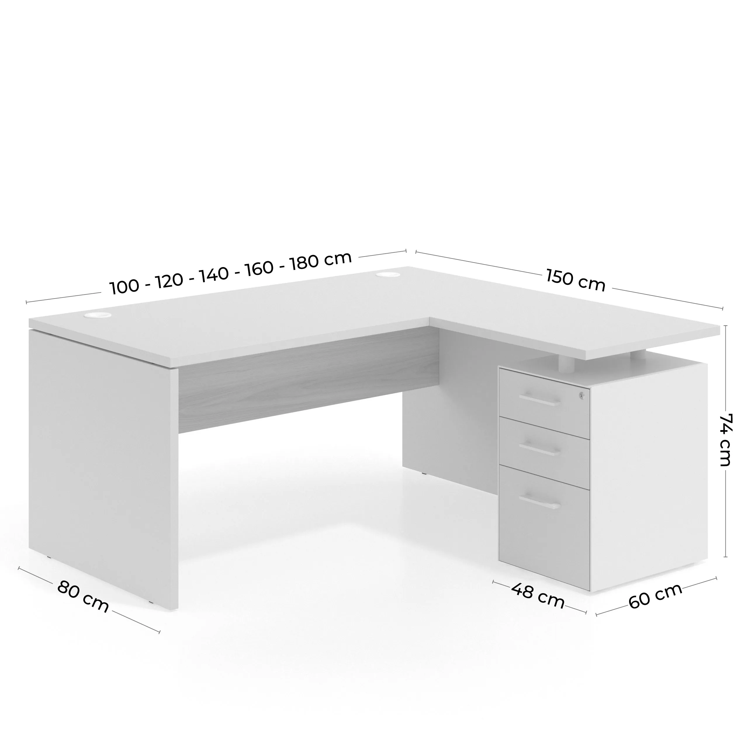 Mesa de Oficina con cajones Work Plus, ala corta, fondo 80, frontales melamina diseño monocolor