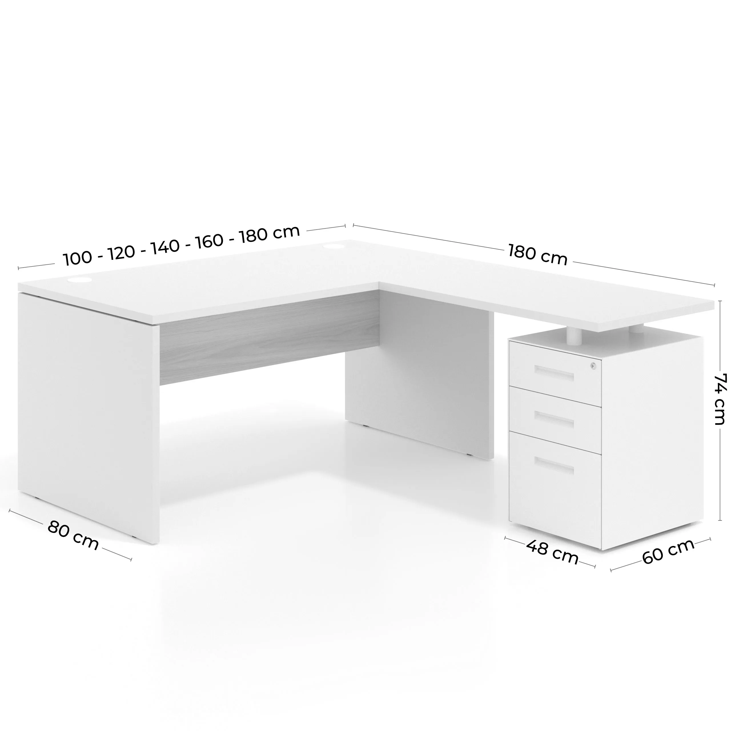 Mesa de Oficina con cajones Work Plus fondo 80, frontales de metal estructura blanco mate