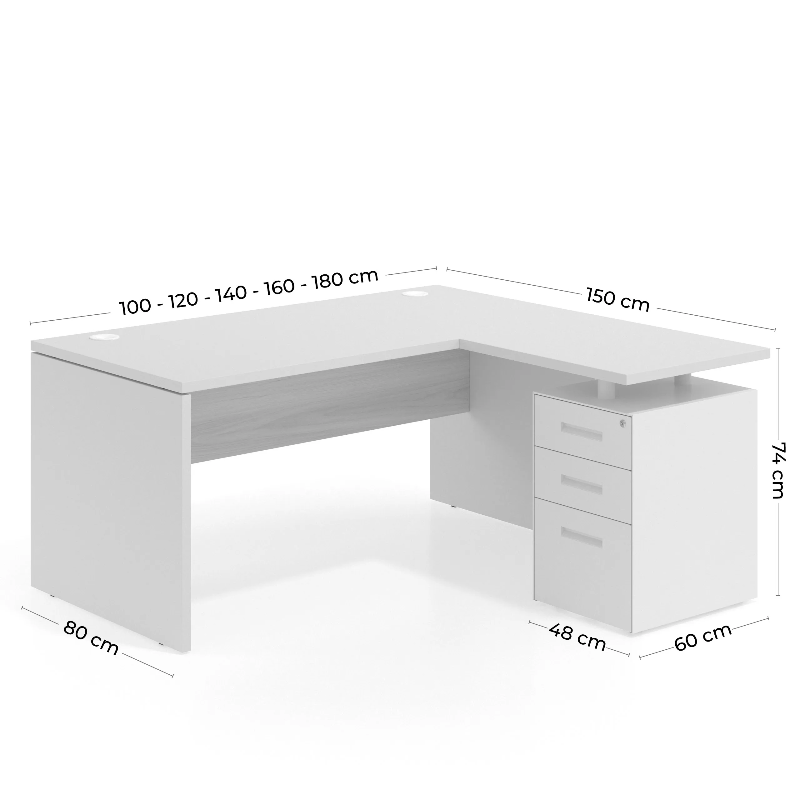 Mesa de Oficina con cajones Work Plus fondo 80, ala corta, frontales de metal diseño monocolor