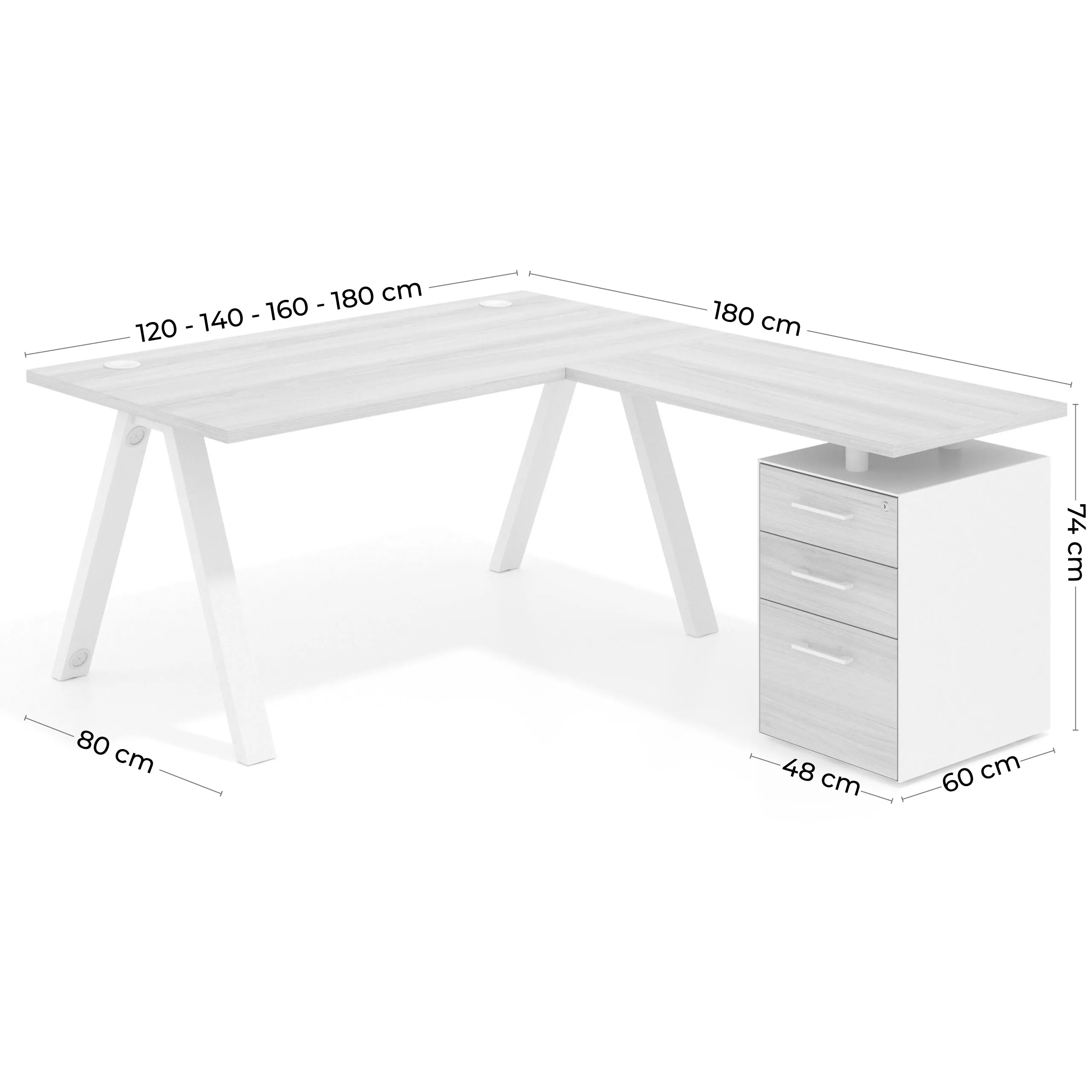 Mesa de escritorio en L con cajones UvePro, estructura blanca, ala pedestal melamina