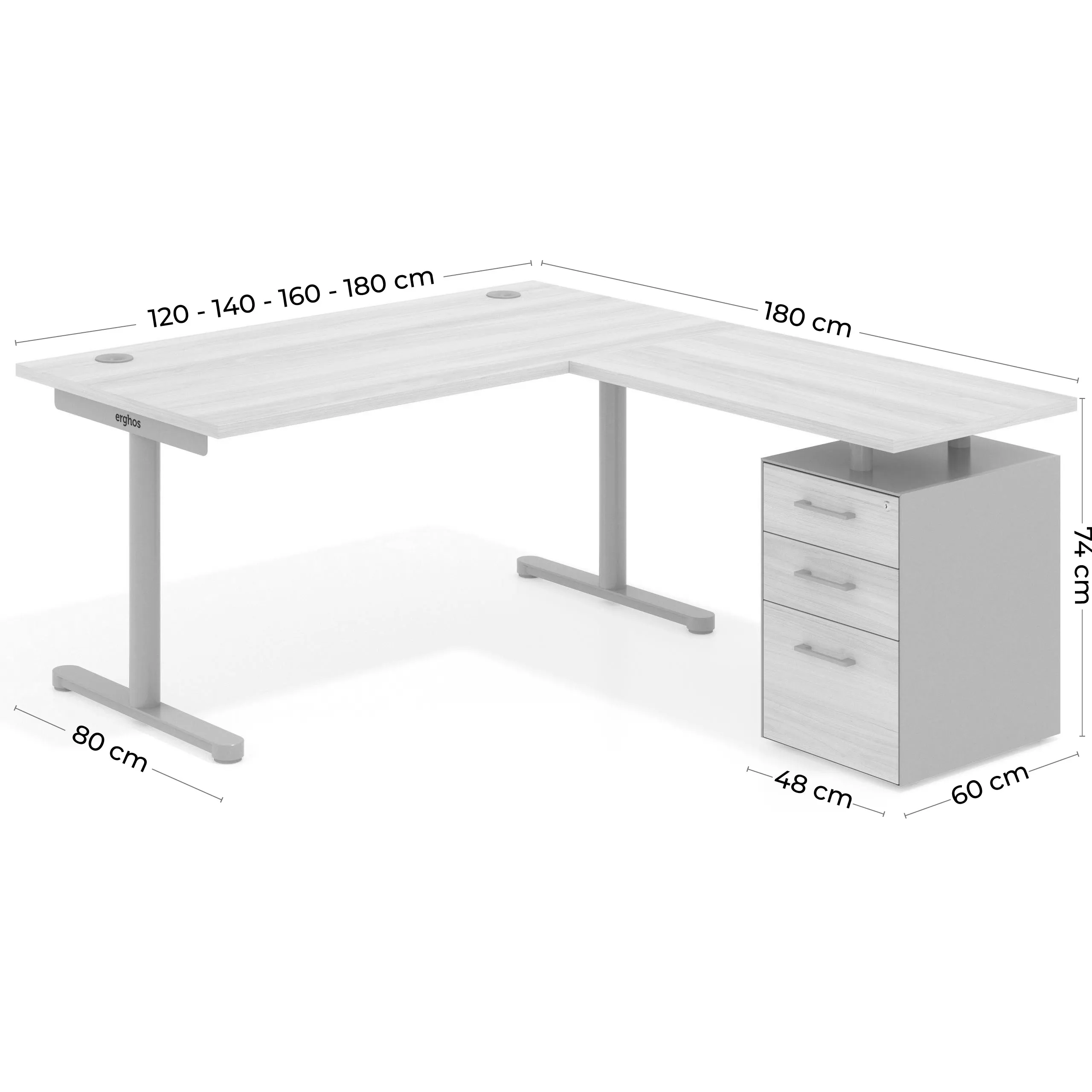 Mesa de Escritorio en L Tdesk, fondo 80cm, estructura negra, pedestal melamina