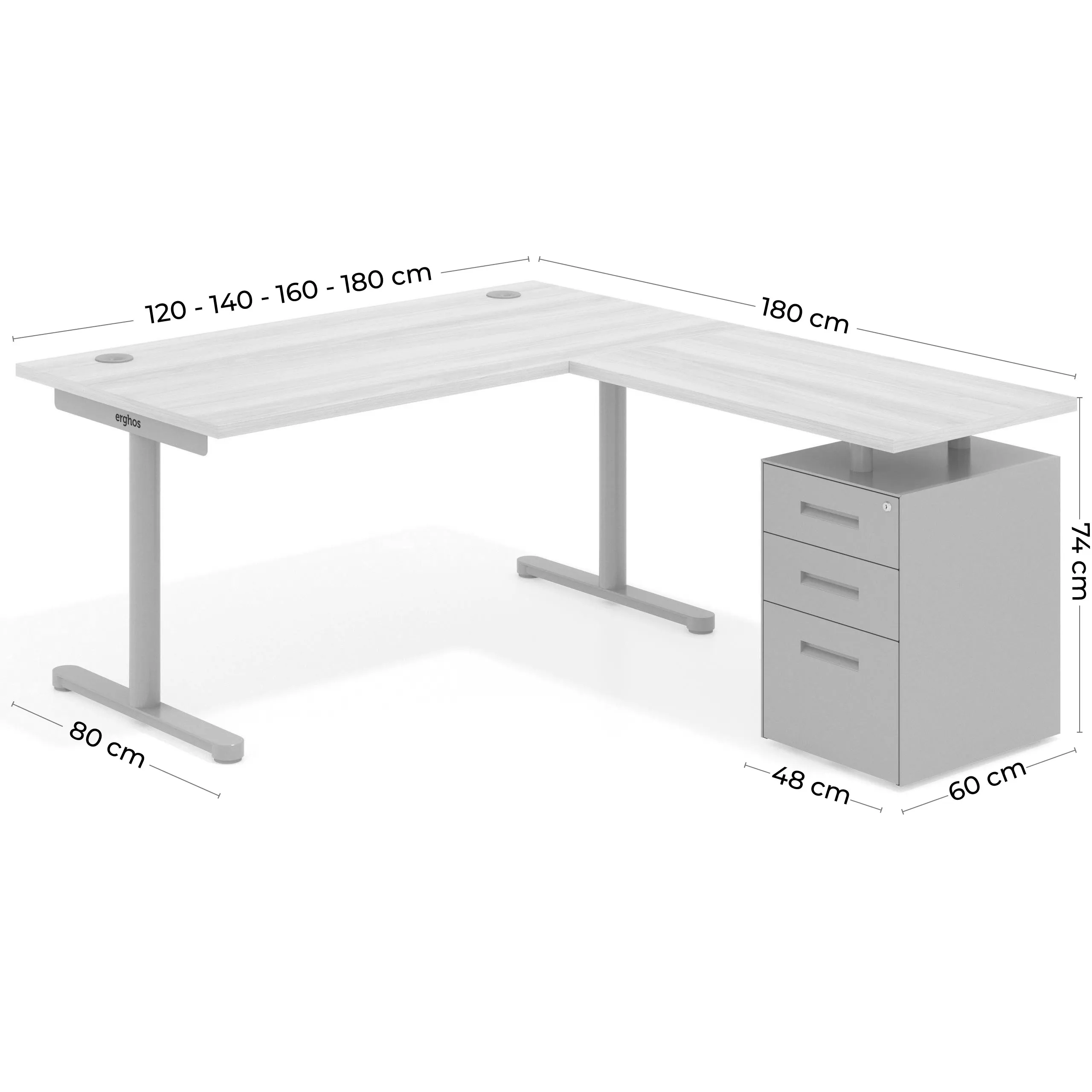 Mesa de Escritorio en L Tdesk, fondo 80cm, estructura negra, pedestal metal