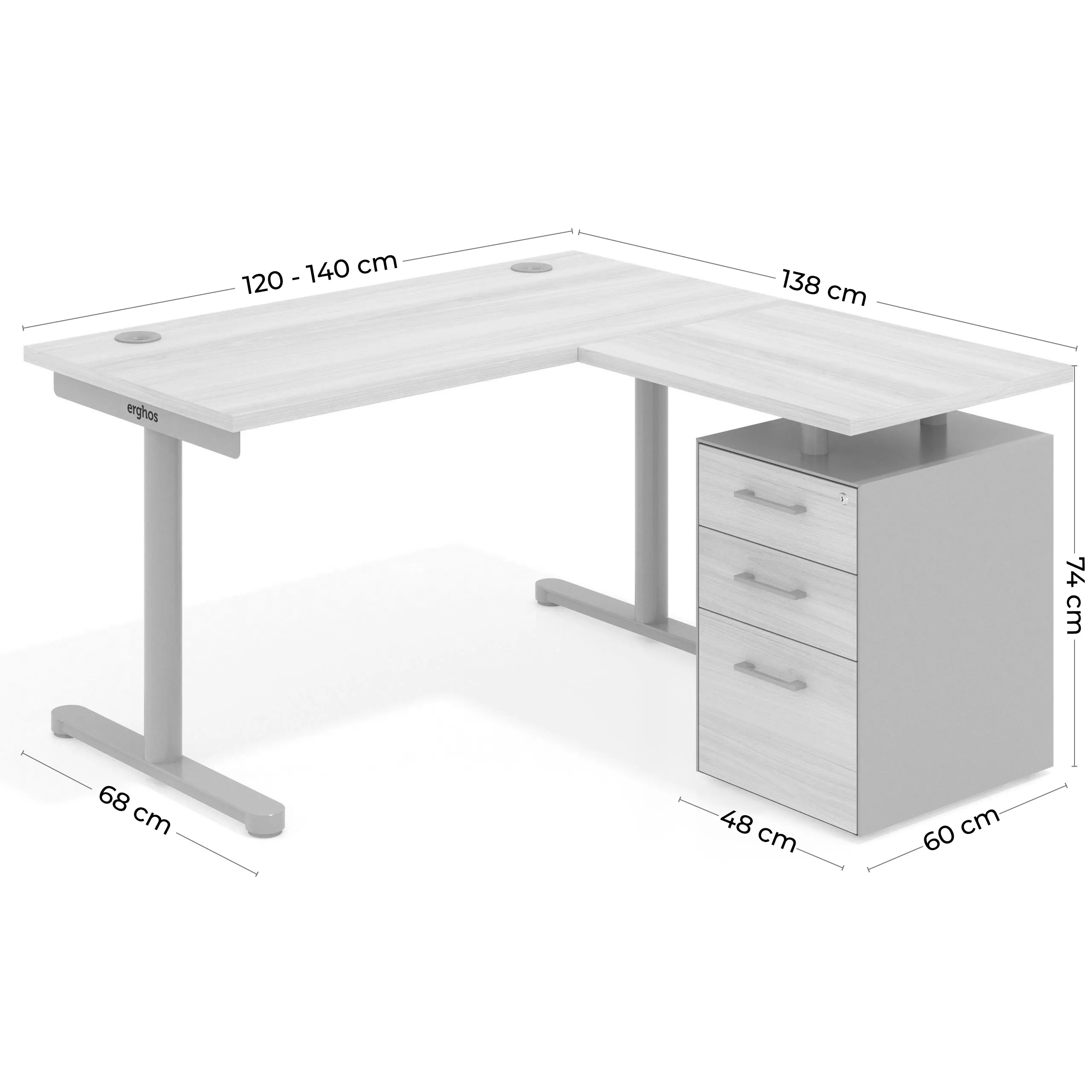 Mesa de Escritorio con cajones, fondo 68cm, estructura negra, ala corta, pedestal melamina