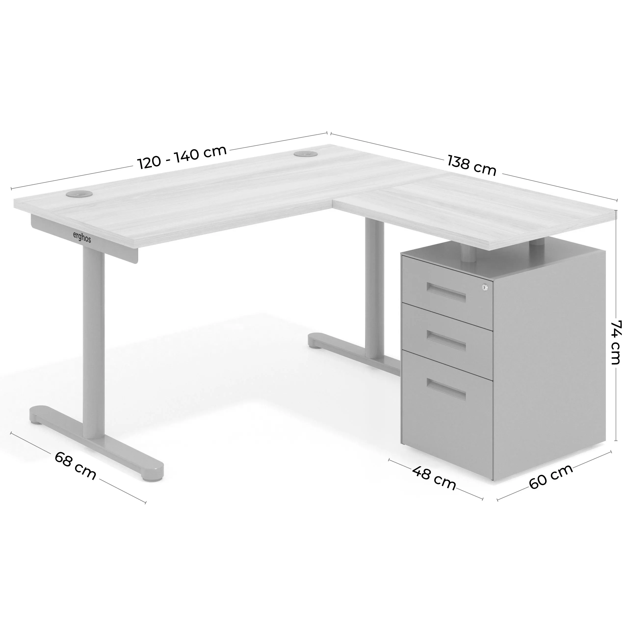 Mesa de Escritorio con cajones, fondo 68cm, estructura negra, ala corta, pedestal metálico